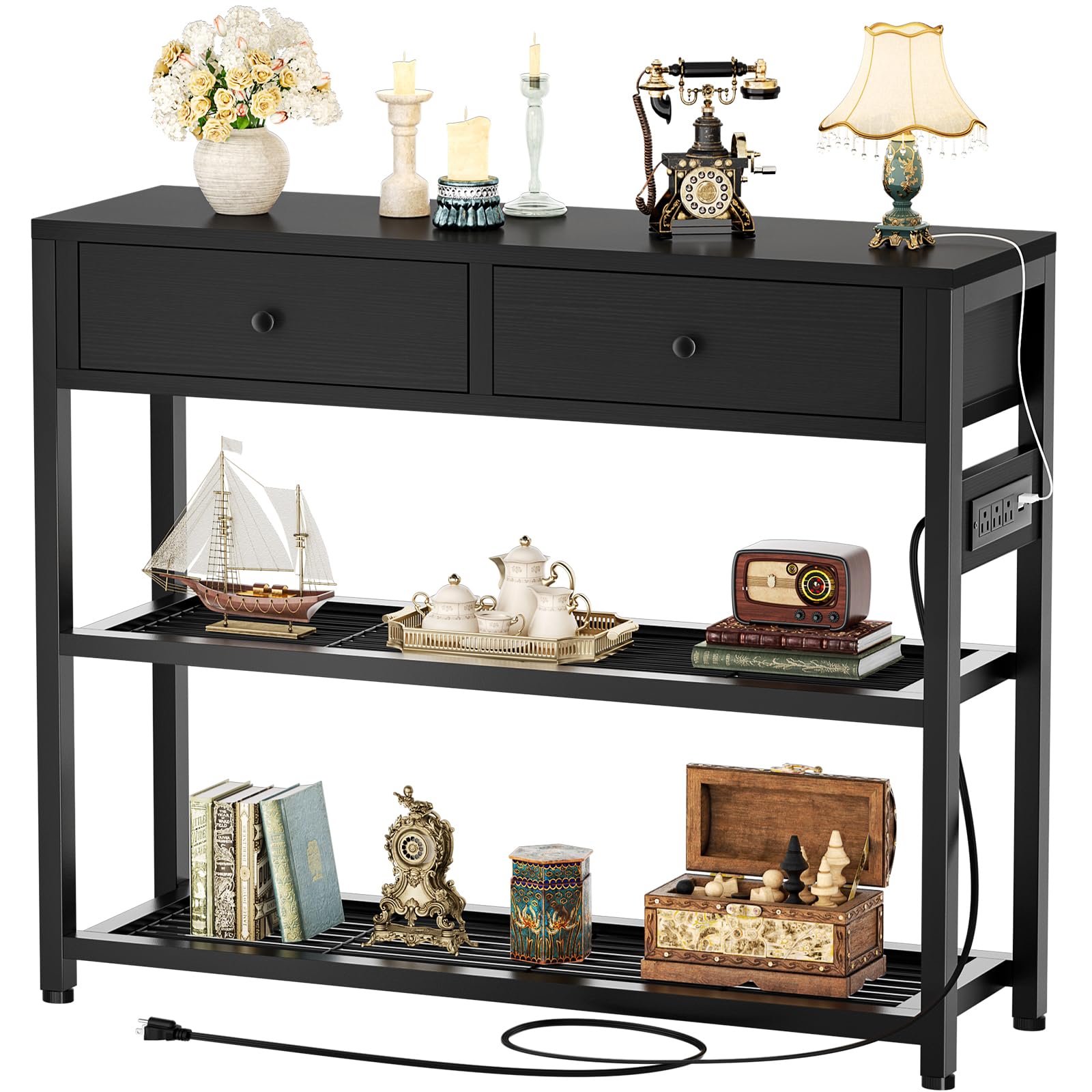 Ecoprsio 47'' Entryway Table with Outlets and USB Ports, Console Table with 3 Drawers, Sofa Table Narrow Long with Storage Shelves for Living Room, Couch, Hallway, Foyer, Kitchen Counter, White