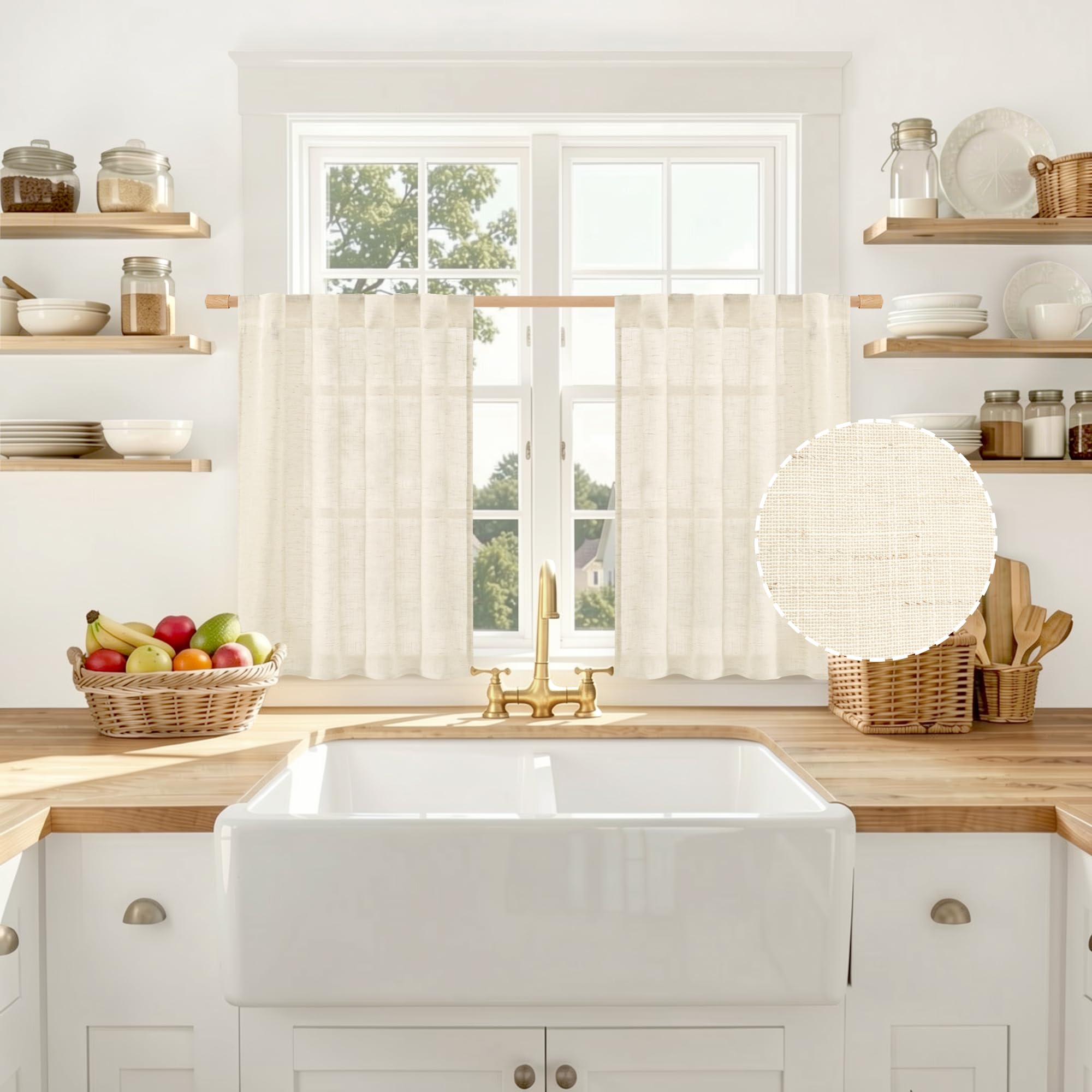 LAMIT Natural Linen Sheer Curtains 90 Inches Long 2 Panels, Long Light Filtering Window Treatments Back Tab and Rod Pocket Farmhouse Boho Panels for Living Room/Bedroom/Dining Room, 52 x 90 Inch