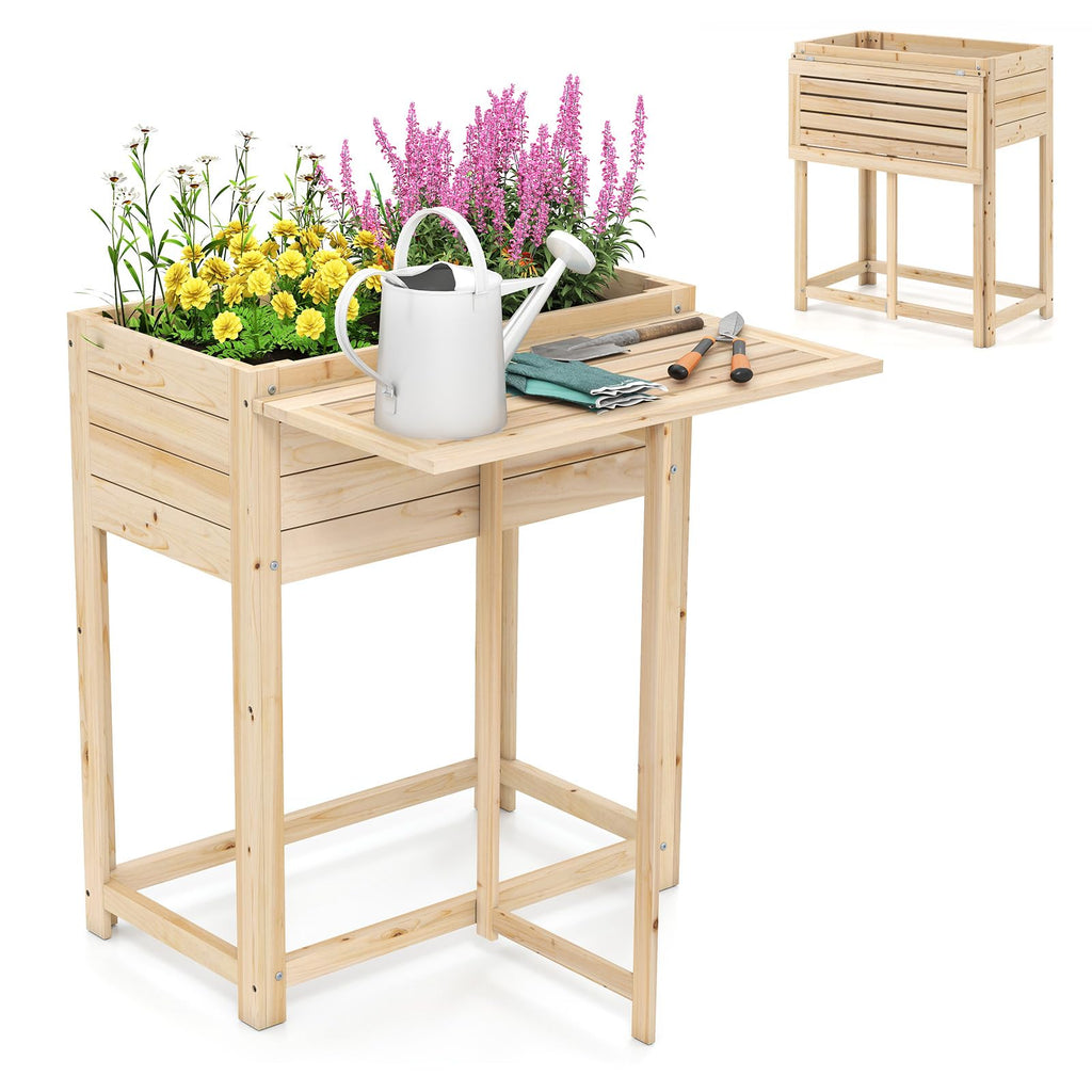 Giantex Wood Raised Garden Bed w/Folding Drop-Leaf Potting Table, Planter Box for Flower Herb Vegetable Fruit, Indoor Outdoor Elevated Raised Beds for Gardening, Backyard, Patio, Balcony