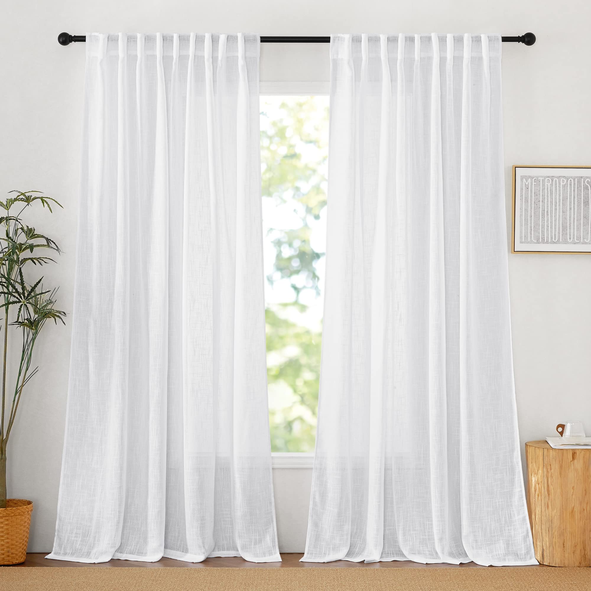 RYB HOME Semi Sheer Curtains 102 inches Long, Back Tab Light Filtration Half Privacy Window Curtains & Drapes for Bedroom Living Room, Linen, W 52 x L 102 inches, 2 Panels Set