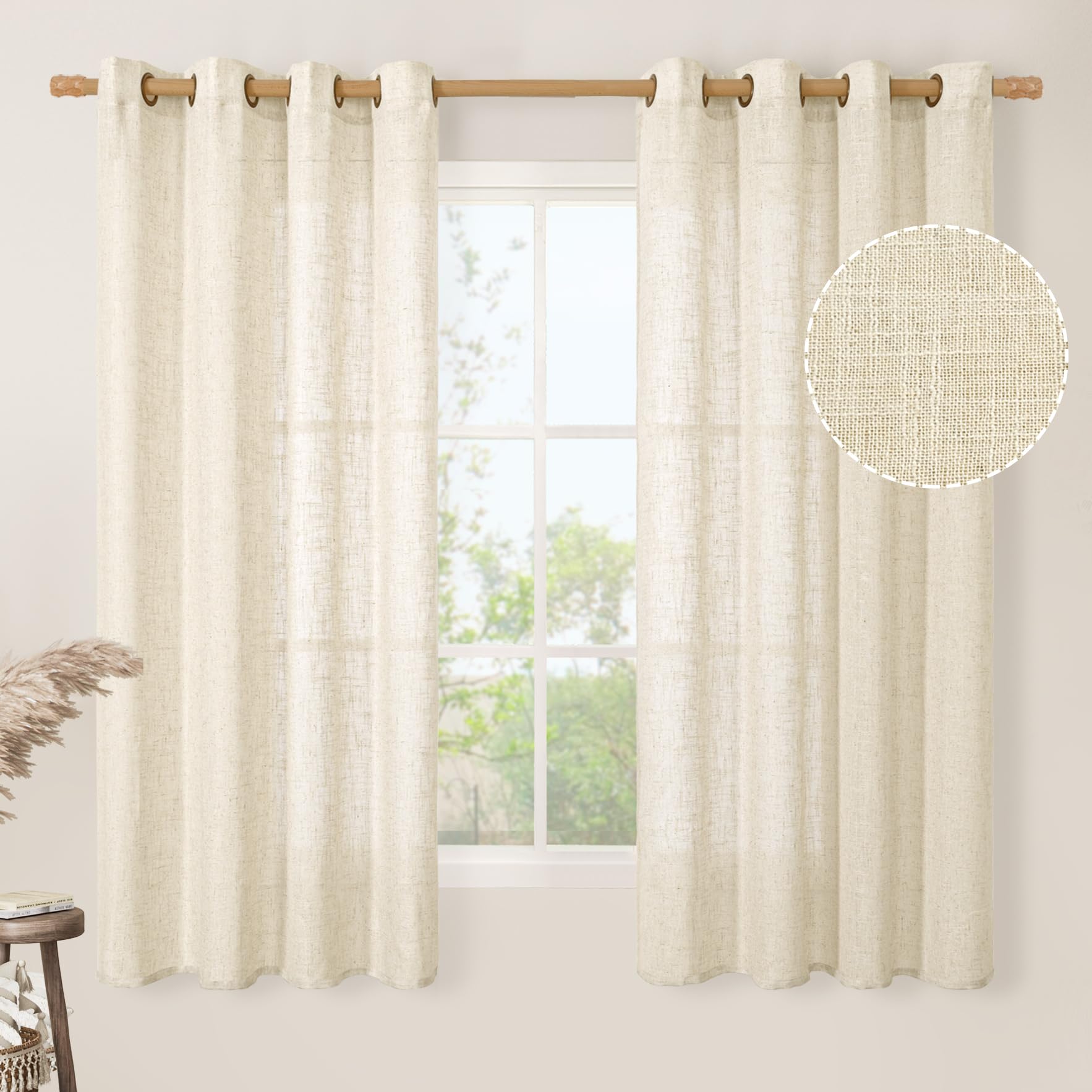 LAMIT Natural Cream Ivory Long Linen Curtains for Living Room, 108 inches Long Bronze Grommet Light Filtering Window Textured Neutral Sheer Drapes for Bedroom Farmhouse, 2 Panels, 52 x 108 Inch