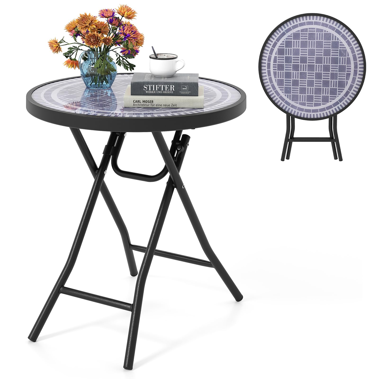 Giantex Folding Side Table, Square Small Patio Table, Tempered Glass Tabletop, Steel Frame, Weather-Resistant Outdoor Indoor Use for Bistro Porch Garden Balcony 18"x18"x18.5"