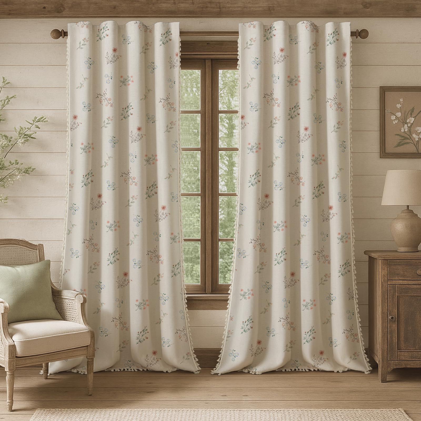 Boho Floral Spring Semi Sheer Curtains 84 Inch Length 2 Panels Set, Linen Texture Farmhouse Light Filtering Curtains Beige Tassel for Bedroom Living Room Vintage Rustic Patterned Printed Rod Pocket