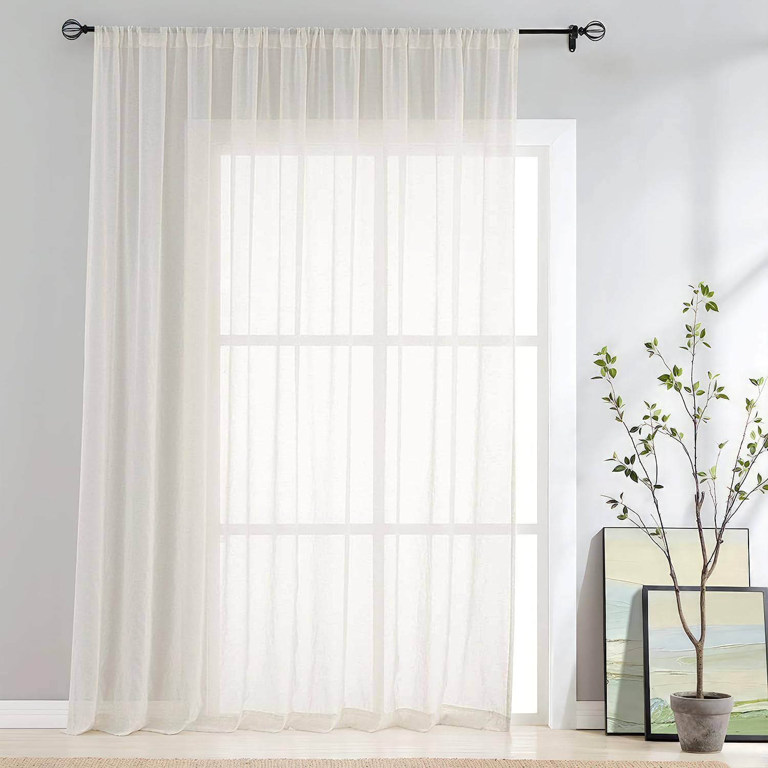 FMFUNCTEX Linen Sheer Curtains for Living Room, Beige Curtains 96 inches Long for Bedroom, Natural Flax Blend Window Draperies for Farmhouse Curtain, Rod Pocket 2 Panels