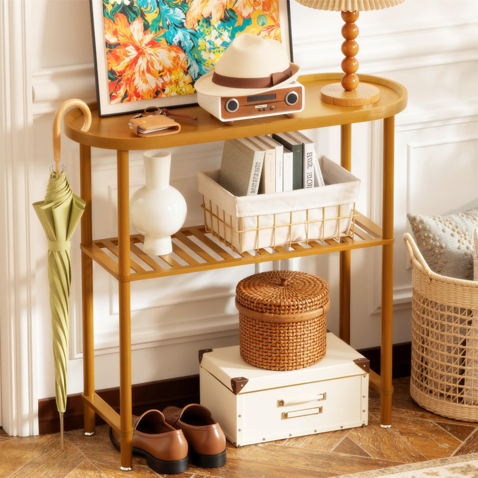Small Entryway Table Bamboo 30.7", Narrow Hallway Table Oval Top 2-tier, Slim Console Table with Anti-fall Edge, Sofa Side Table 5min Easy Assembly, Small TV Stand for Bedroom, Indoor Plant Stand