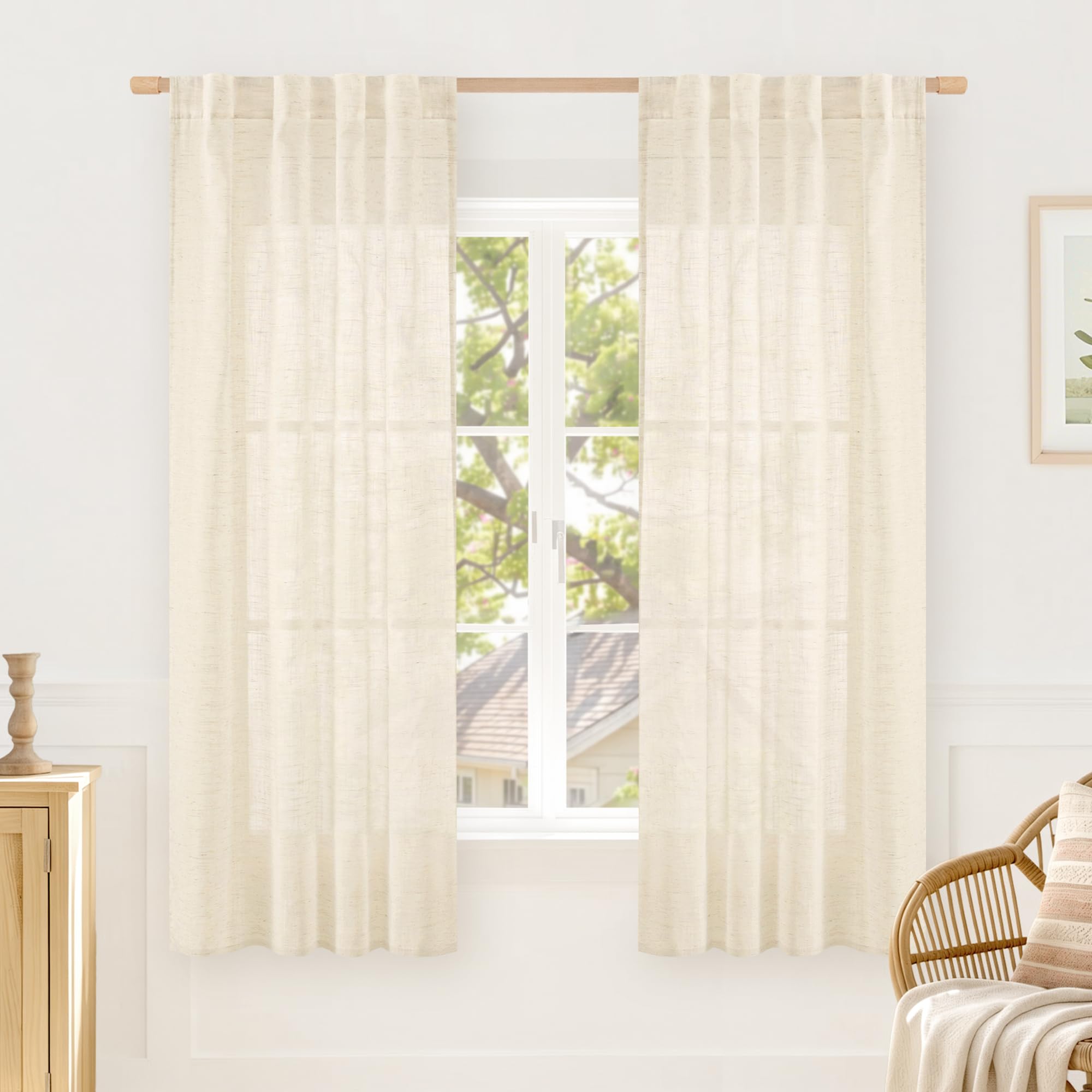 LAMIT Natural Linen Sheer Curtains 90 Inches Long 2 Panels, Long Light Filtering Window Treatments Back Tab and Rod Pocket Farmhouse Boho Panels for Living Room/Bedroom/Dining Room, 52 x 90 Inch