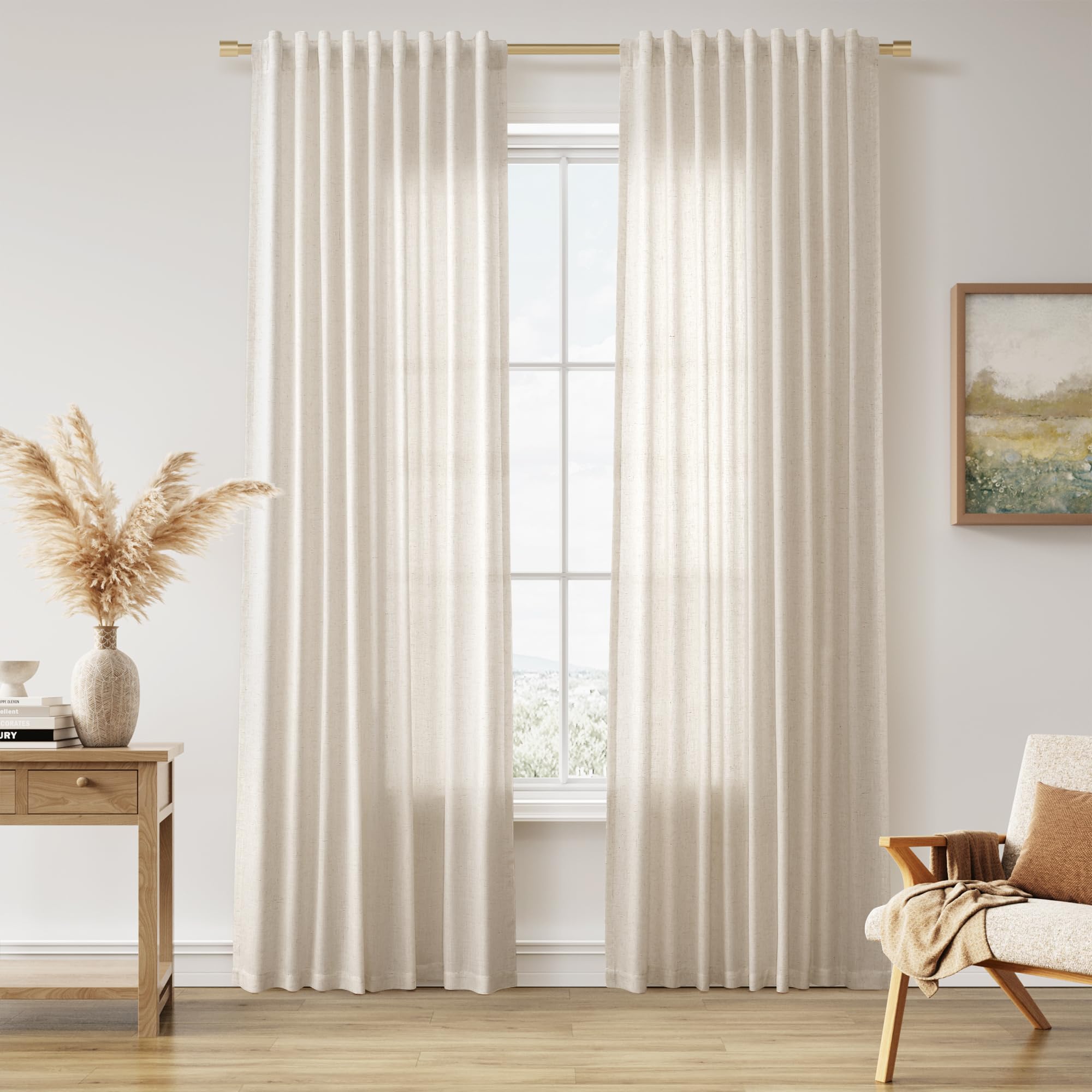 Nanspring Linen Curtains 80 Inches Long for Living Room Semi Sheer Light Filtering Curtain Back Tab Neutral Boho Modern Farmhouse Window Drapes for Bedroom 52x80 2 Panels Cream Ivory Beige Natural