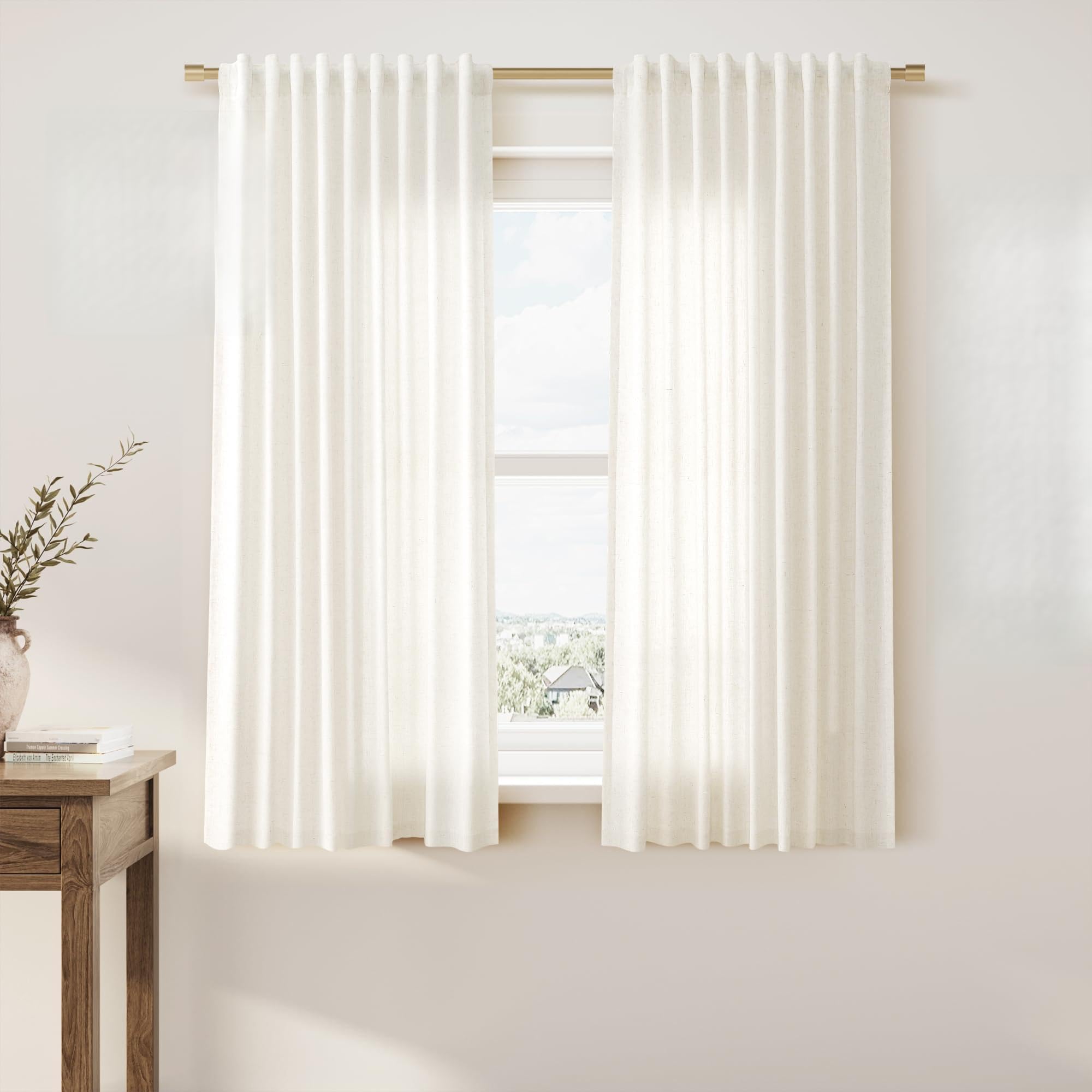 Nanspring Linen Curtains 80 Inches Long for Living Room Semi Sheer Light Filtering Curtain Back Tab Neutral Boho Modern Farmhouse Window Drapes for Bedroom 52x80 2 Panels Cream Ivory Beige Natural