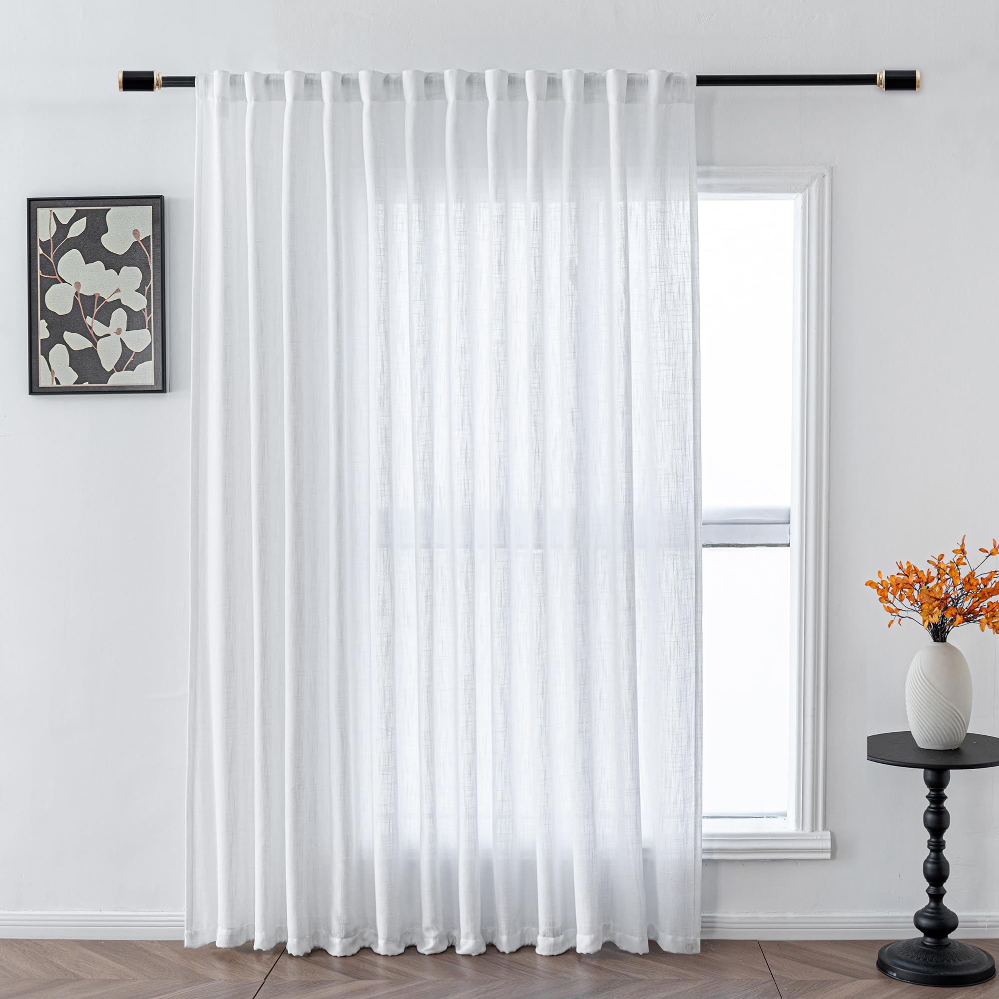 MYSKY HOME Country Curtains for Sliding Glass Door, Back Tab Semi Sheer Curtain Panels Extra Long Floor Length Drapes Linen Texture Soft Touch, 50x108 Inch, Linen, Set of 2