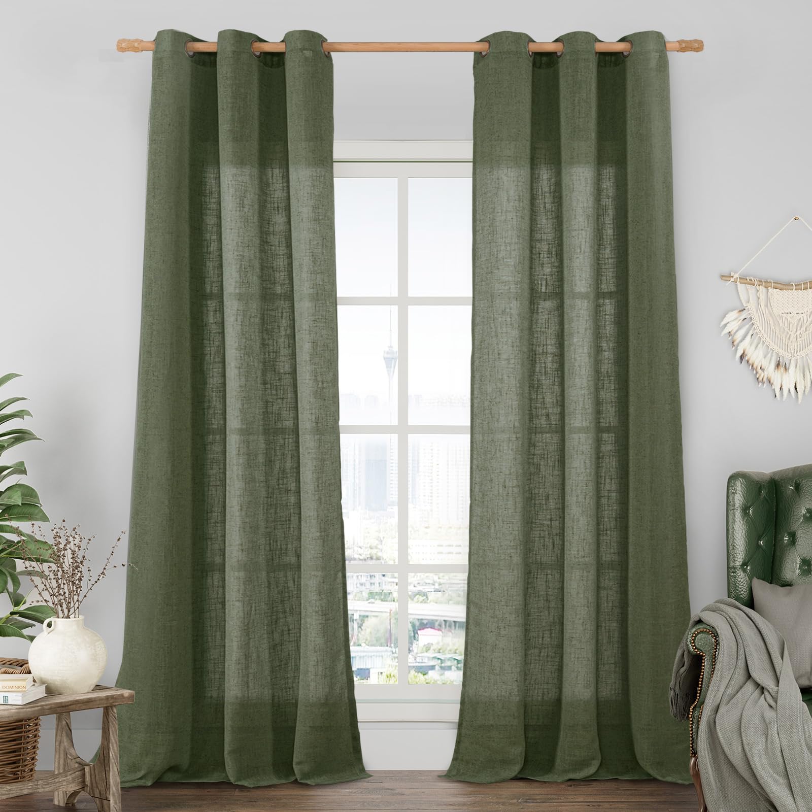 LAMIT Natural Cream Ivory Long Linen Curtains for Living Room, 108 inches Long Bronze Grommet Light Filtering Window Textured Neutral Sheer Drapes for Bedroom Farmhouse, 2 Panels, 52 x 108 Inch