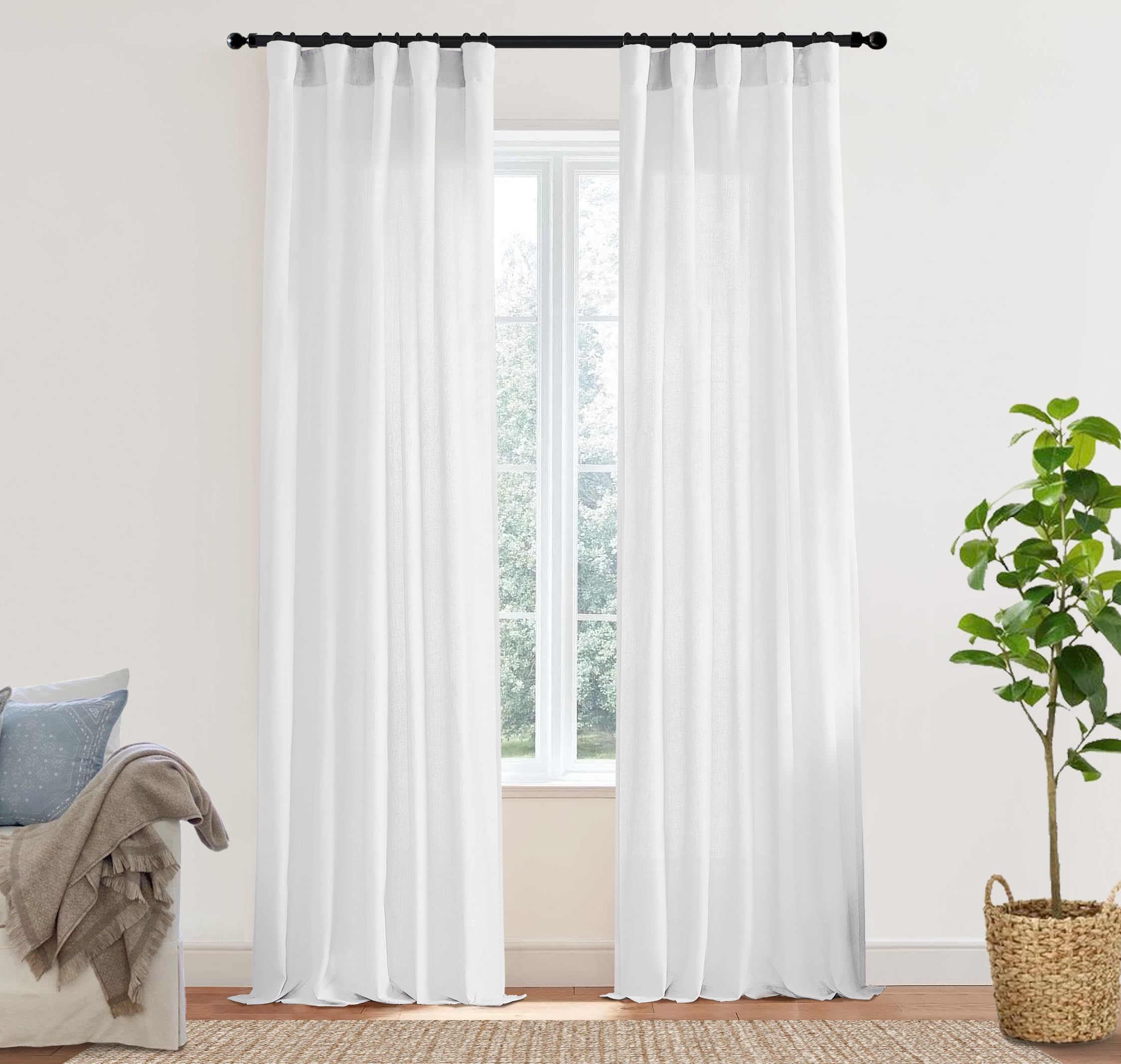 XTMYI 90 Inches Long Sheer Linen Curtains 2 Panels Set,Hook Tape Back Tab Semi Sheer Cotton Blend Fabric Modern Cottage Core Cottagecore Curtain Drapes for Living Room Bedroom,50x90 in Length