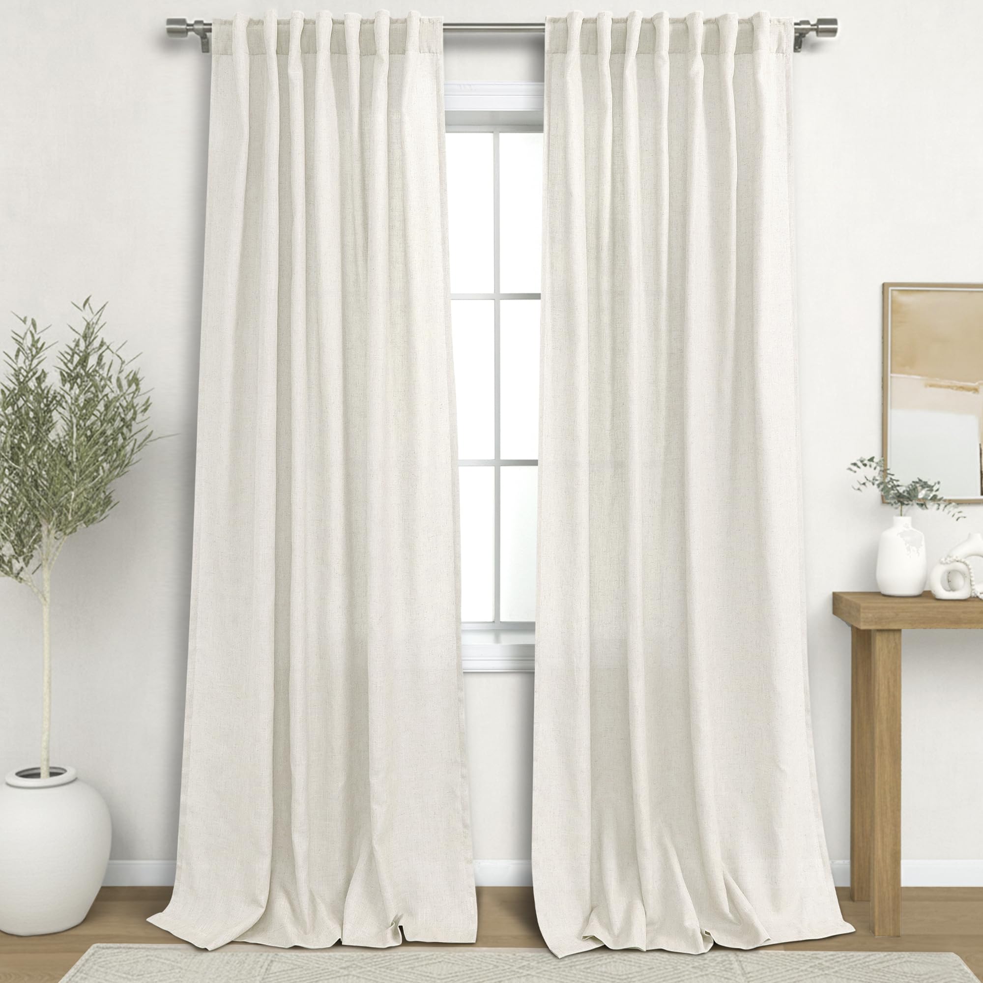 KOUFALL 92 Inch Curtains for Living Room 2 Panels Set,Light Filtering Farmhouse Boho Linen Semi Sheer Curtain Drapes 92 Inches Long for Bedroom,Cream Ivory