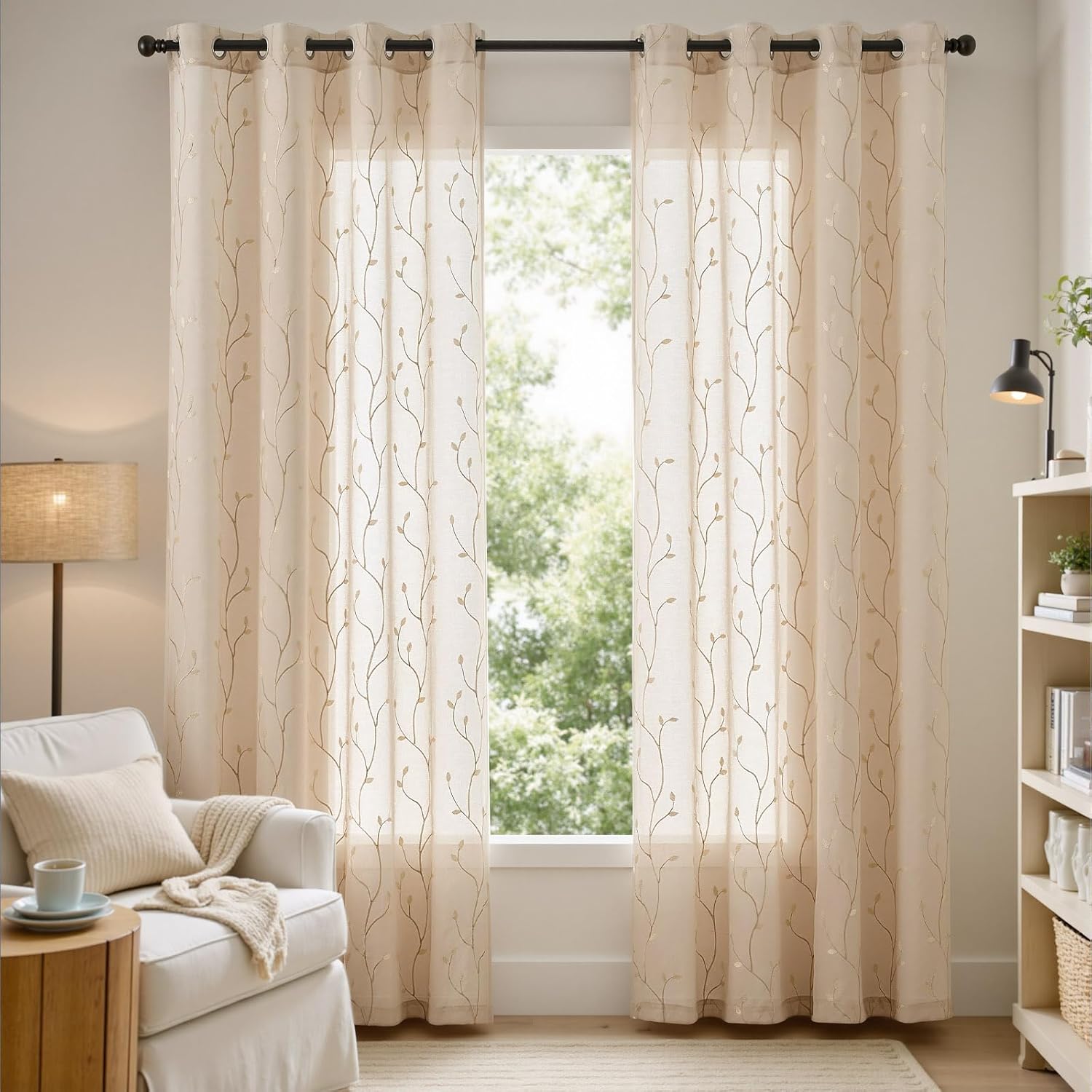 jinchan Sheer Curtains for Bedroom 84 Inch Length Leaf Embroidered Semi Sheers for Living Room Botanical Embroidery Voile Transparent Grommet Window Treatments Taupe 2 Panels