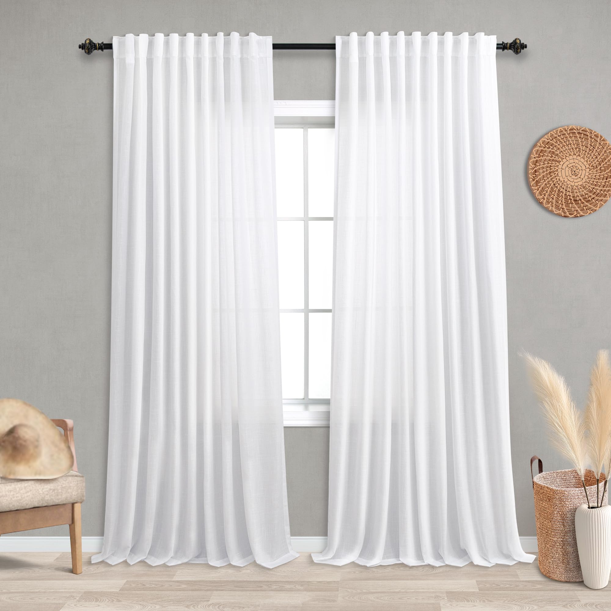 KOUFALL 92 Inch Curtains for Living Room 2 Panels Set,Light Filtering Farmhouse Boho Linen Semi Sheer Curtain Drapes 92 Inches Long for Bedroom,Cream Ivory