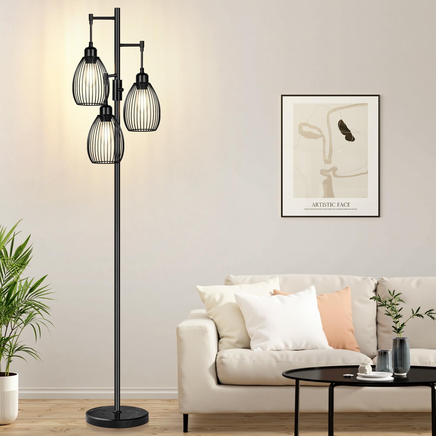 Dimmable Black Tree Floor Lamp with 3 LED Bulbs for Indoor Use