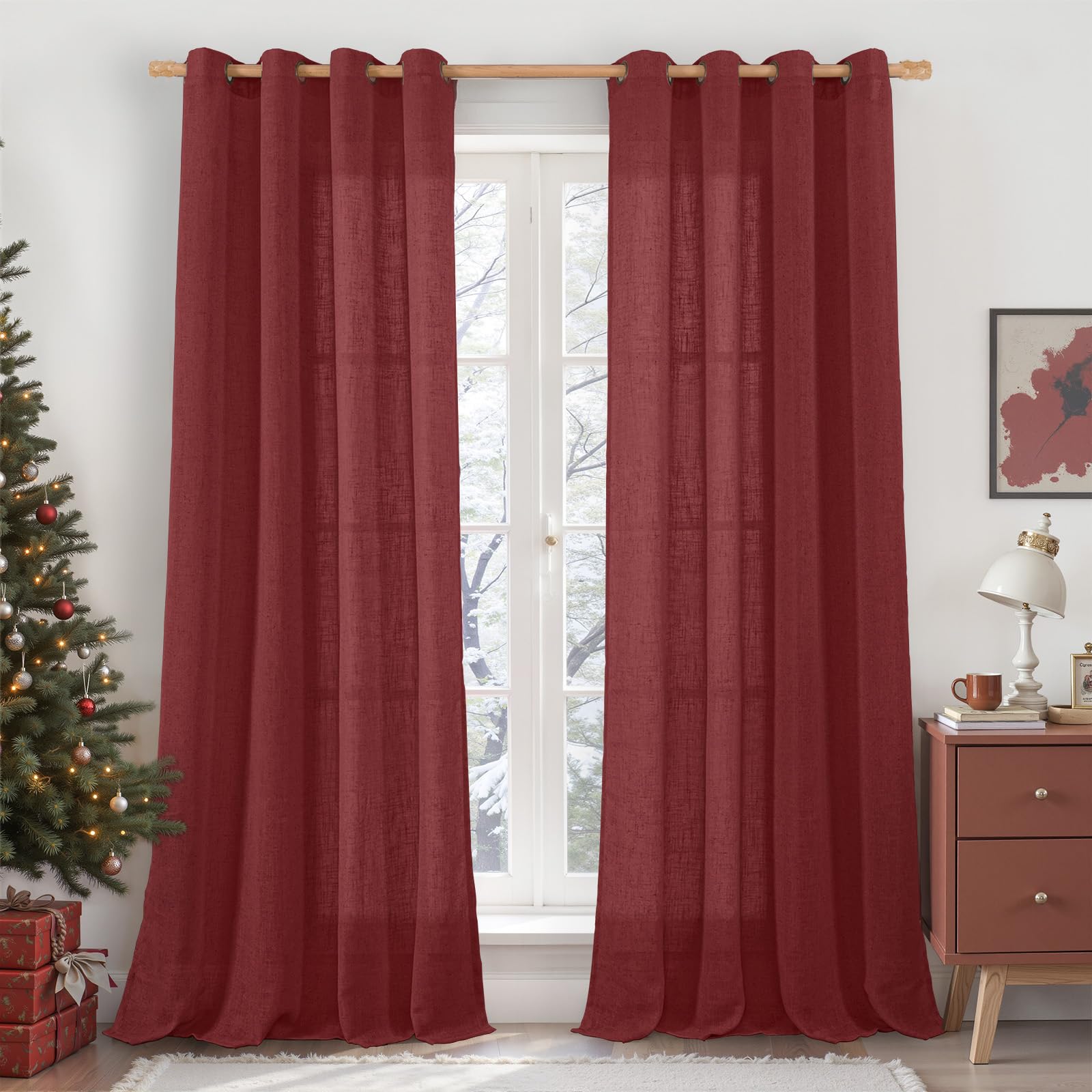 LAMIT Natural Cream Ivory Long Linen Curtains for Living Room, 108 inches Long Bronze Grommet Light Filtering Window Textured Neutral Sheer Drapes for Bedroom Farmhouse, 2 Panels, 52 x 108 Inch