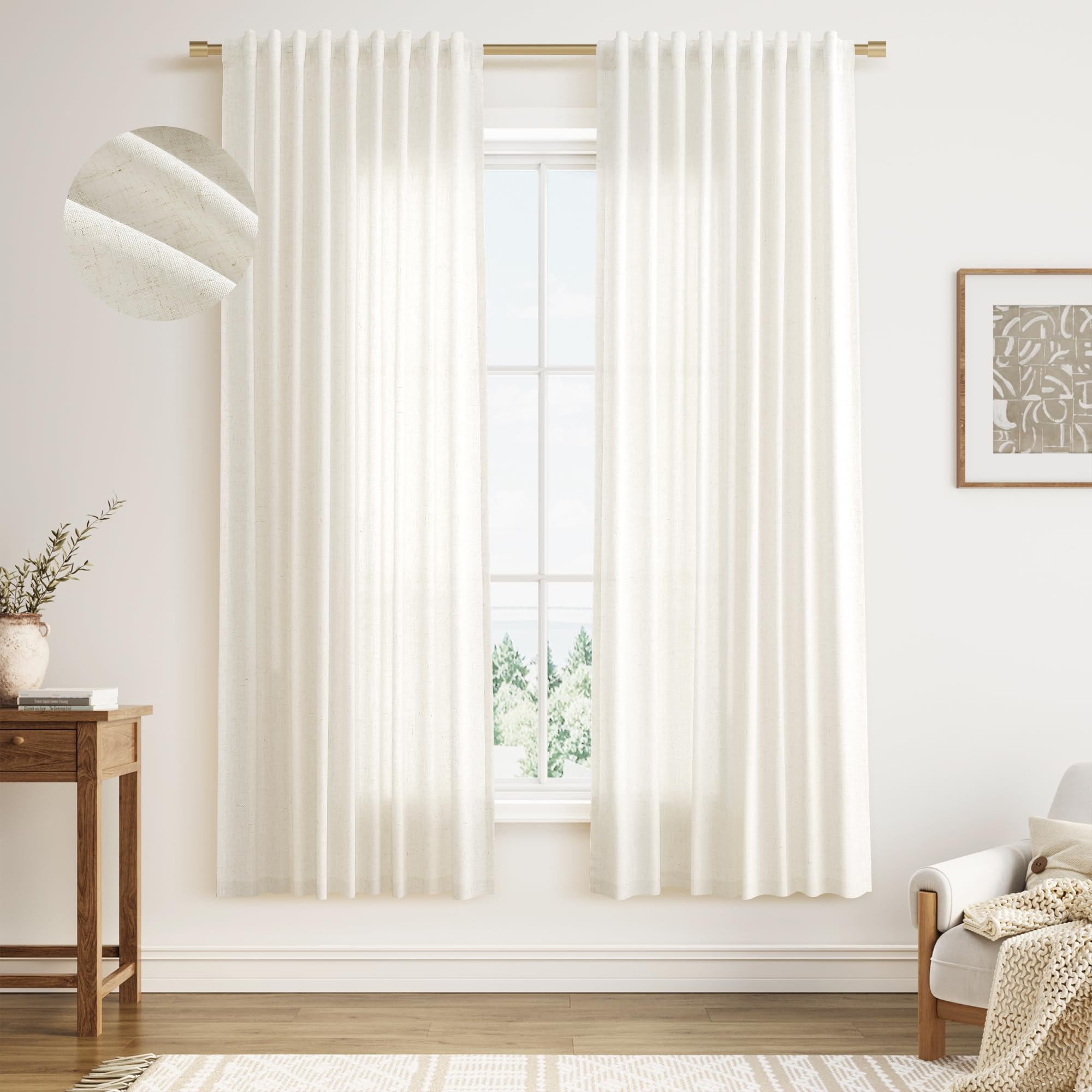 Nanspring Linen Curtains 80 Inches Long for Living Room Semi Sheer Light Filtering Curtain Back Tab Neutral Boho Modern Farmhouse Window Drapes for Bedroom 52x80 2 Panels Cream Ivory Beige Natural