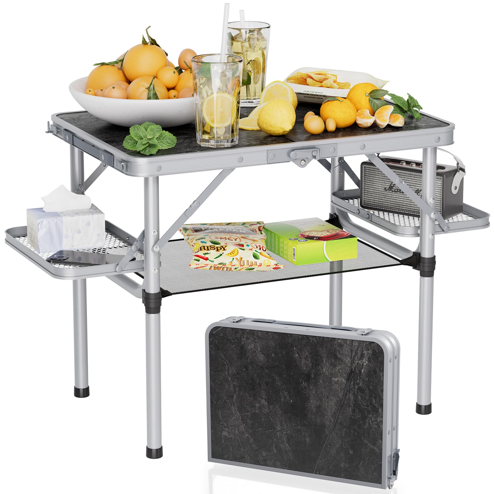 Titanker Small Camping Table Foldable 2ft, Folding Picnic Table with Side Racks & Net, Folding Camp Table Portable Beach Table, Car Camping Essentials, Sturdy Light Aluminum, Gift for Father Husband