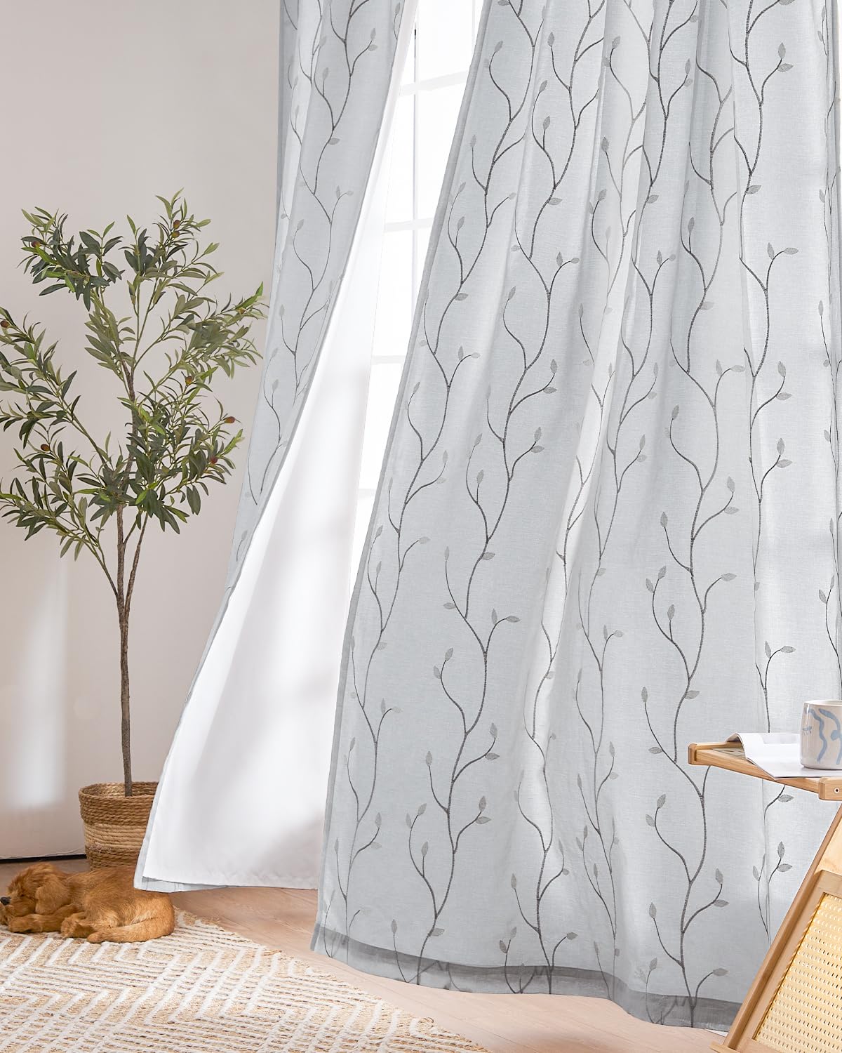 jinchan Sheer Curtains for Bedroom 84 Inch Length Leaf Embroidered Semi Sheers for Living Room Botanical Embroidery Voile Transparent Grommet Window Treatments Taupe 2 Panels