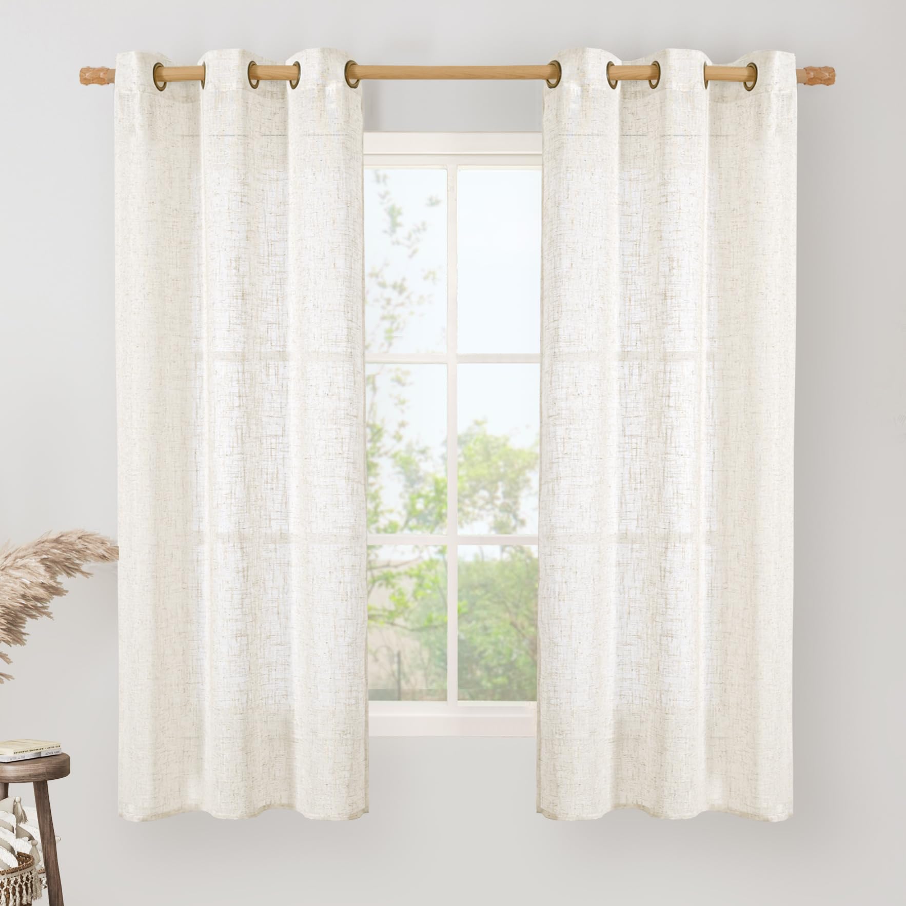 LAMIT Natural Cream Ivory Long Linen Curtains for Living Room, 108 inches Long Bronze Grommet Light Filtering Window Textured Neutral Sheer Drapes for Bedroom Farmhouse, 2 Panels, 52 x 108 Inch
