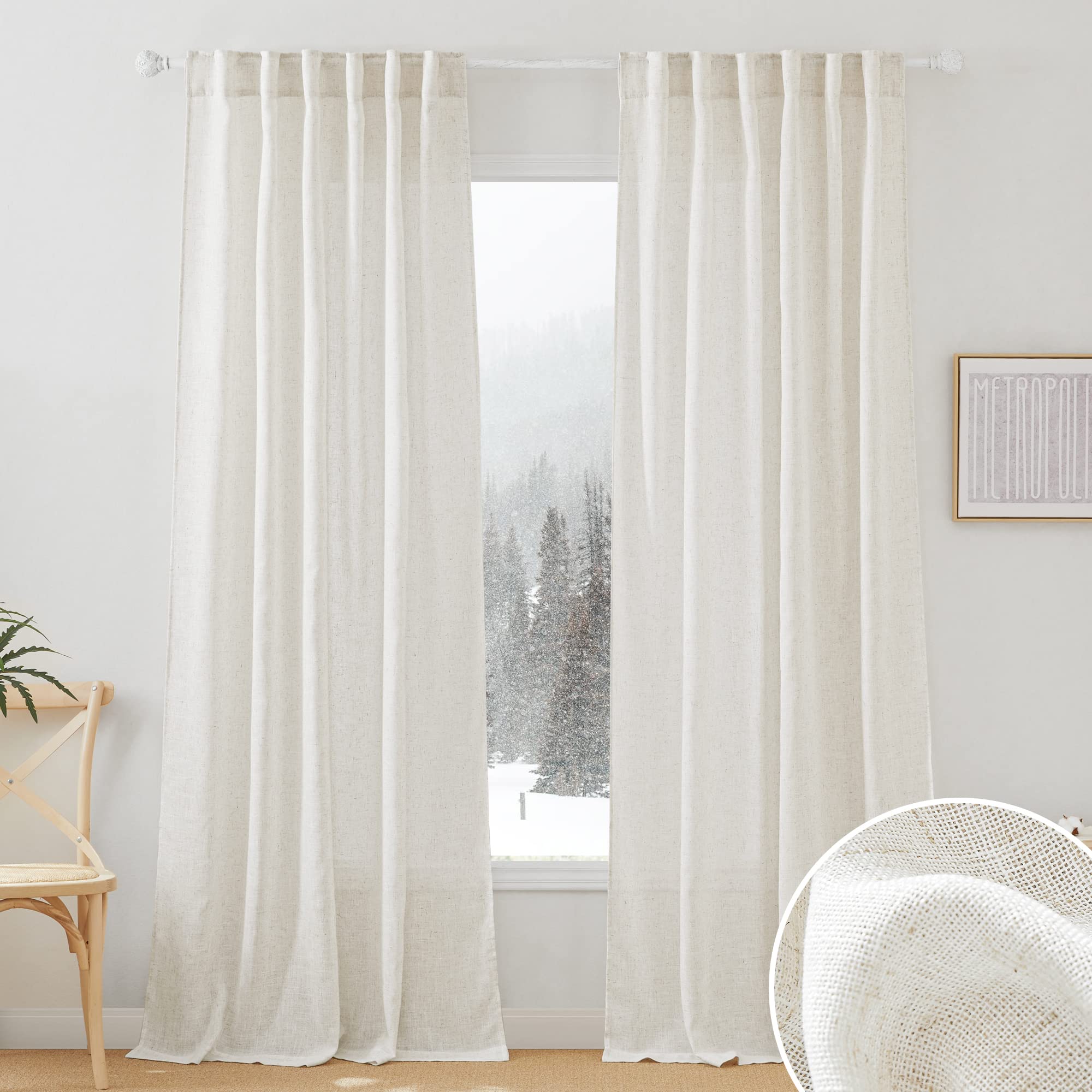 RYB HOME Semi Sheer Curtains 102 inches Long, Back Tab Light Filtration Half Privacy Window Curtains & Drapes for Bedroom Living Room, Linen, W 52 x L 102 inches, 2 Panels Set