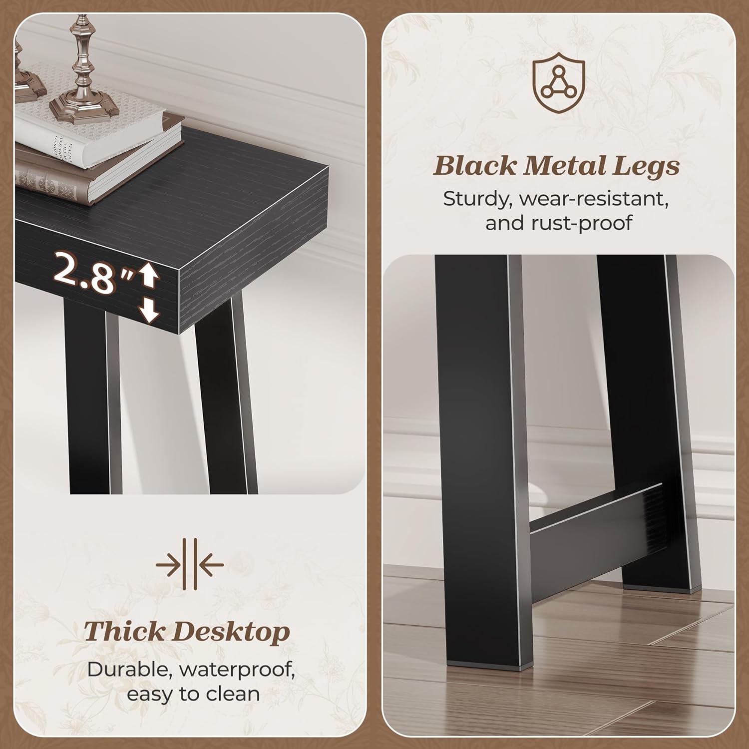 47.2" Black Modern Console Table with Charging Station & Metal Legs