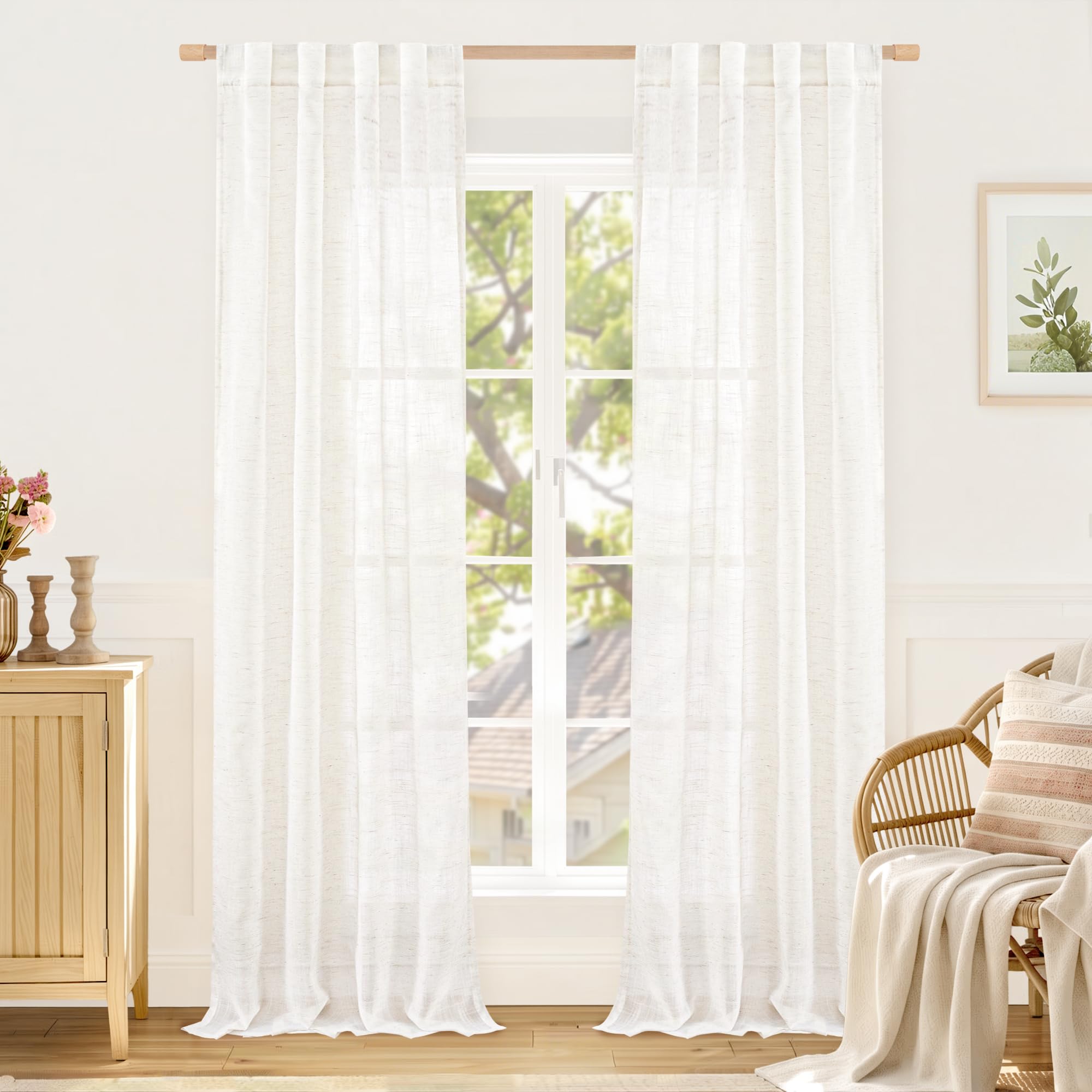 LAMIT Natural Linen Sheer Curtains 90 Inches Long 2 Panels, Long Light Filtering Window Treatments Back Tab and Rod Pocket Farmhouse Boho Panels for Living Room/Bedroom/Dining Room, 52 x 90 Inch