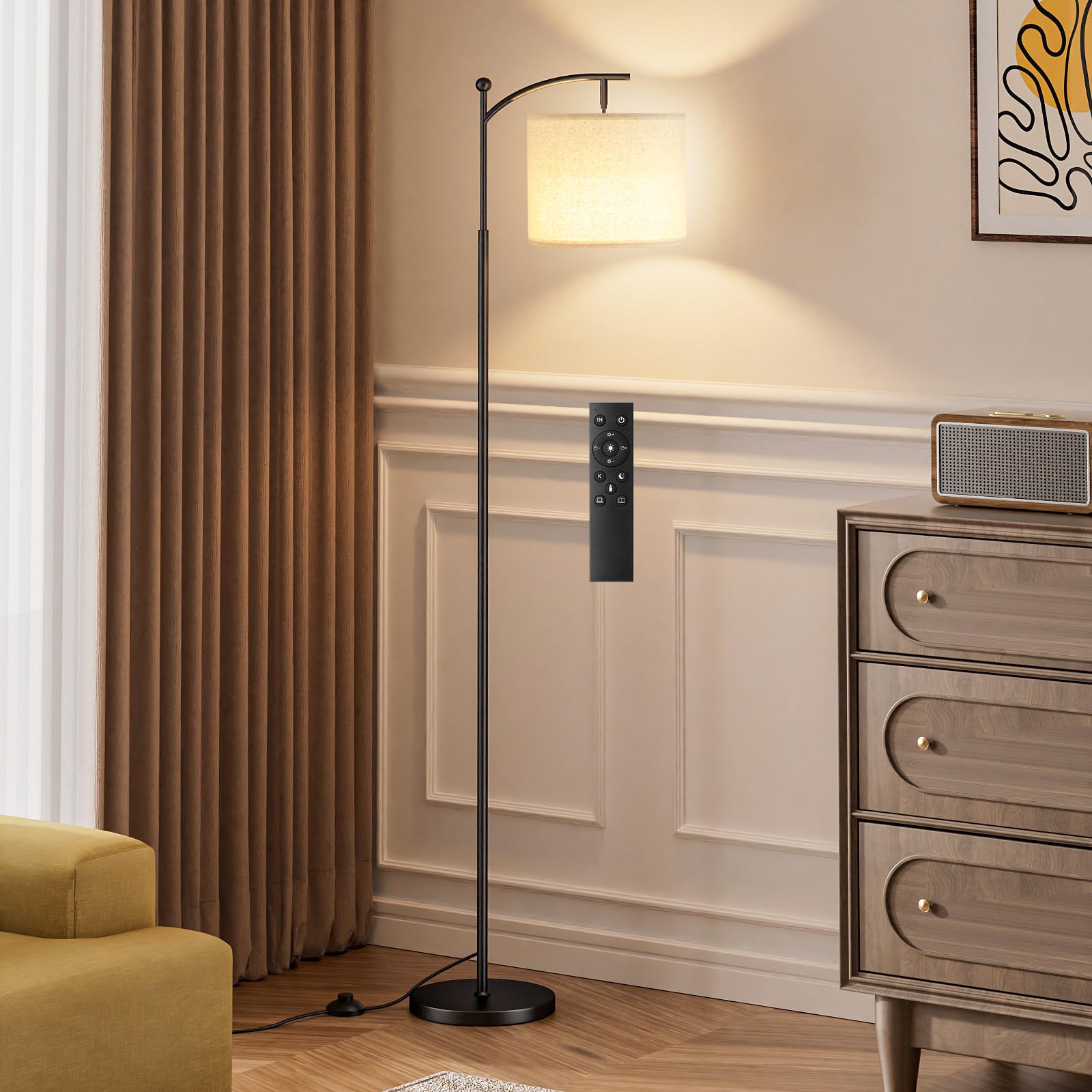 Ambimall 60" Floor Lamp with Remote Control and Stepless Dimmable Bulb, Colors Temperature & Brightness Adjustable, Modern Floor Lamps for Living Room（Beige Shade & Black Pole）