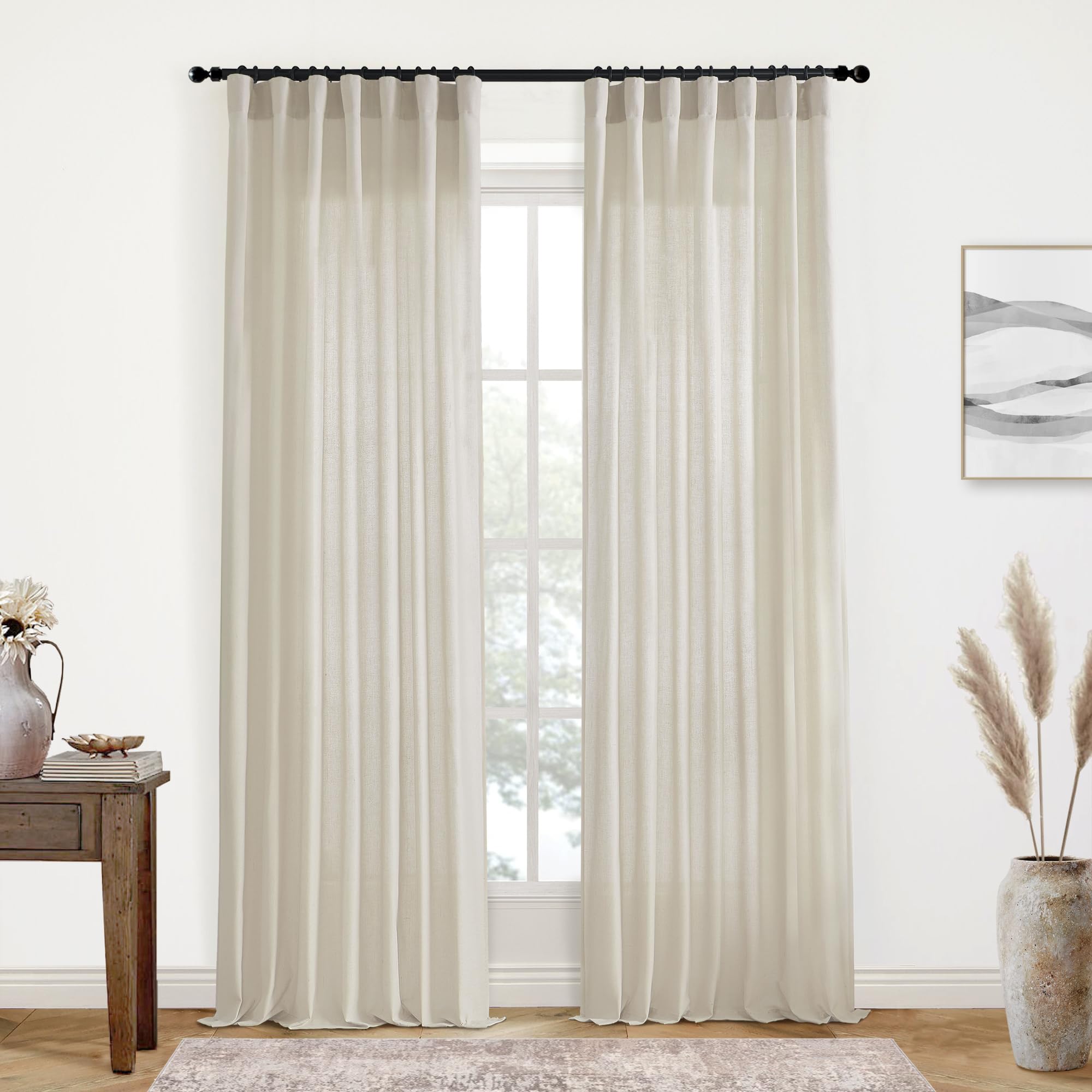 XTMYI 90 Inches Long Sheer Linen Curtains 2 Panels Set,Hook Tape Back Tab Semi Sheer Cotton Blend Fabric Modern Cottage Core Cottagecore Curtain Drapes for Living Room Bedroom,50x90 in Length