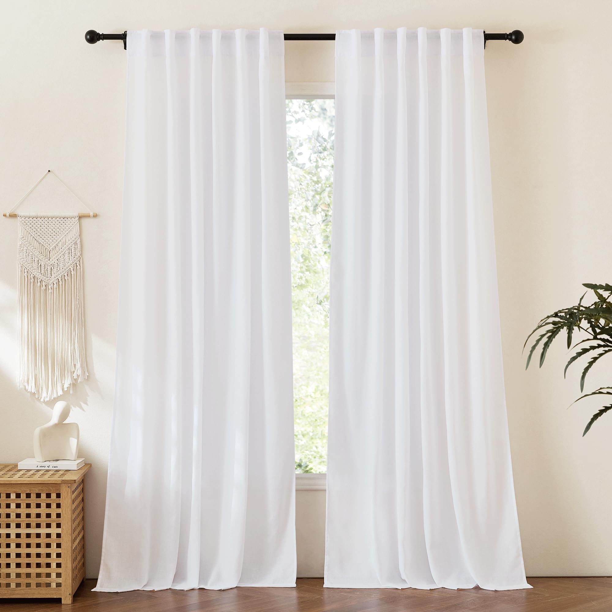 RYB HOME Semi Sheer Curtains 102 inches Long, Back Tab Light Filtration Half Privacy Window Curtains & Drapes for Bedroom Living Room, Linen, W 52 x L 102 inches, 2 Panels Set
