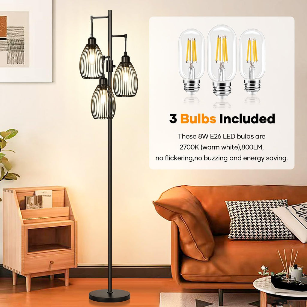 Dimmable Black Tree Floor Lamp with 3 LED Bulbs for Indoor Use