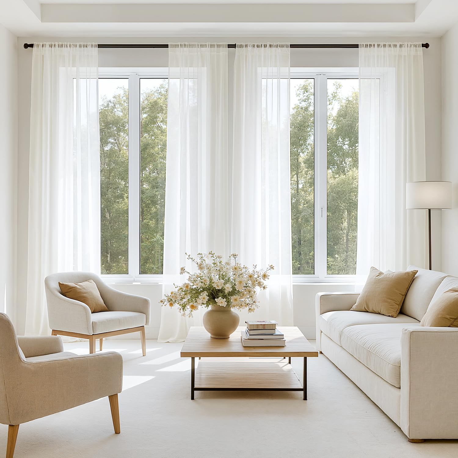 MIULEE White Sheer Curtains 105 Inches Long, 4 Panels Set, Light Filtering Voile Rod Pocket Drapes, Airy Soft Fabric Window Treatments for Living Room and Bedroom, 42 x 105 Inches