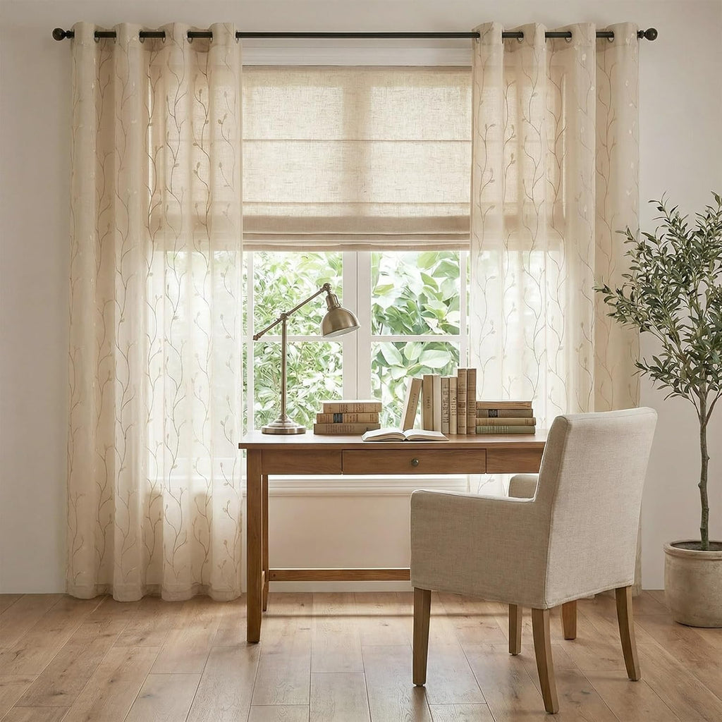jinchan Sheer Curtains for Bedroom 84 Inch Length Leaf Embroidered Semi Sheers for Living Room Botanical Embroidery Voile Transparent Grommet Window Treatments Taupe 2 Panels