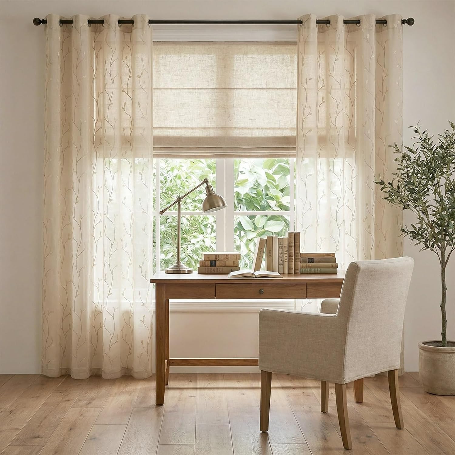 jinchan Sheer Curtains for Bedroom 84 Inch Length Leaf Embroidered Semi Sheers for Living Room Botanical Embroidery Voile Transparent Grommet Window Treatments Taupe 2 Panels
