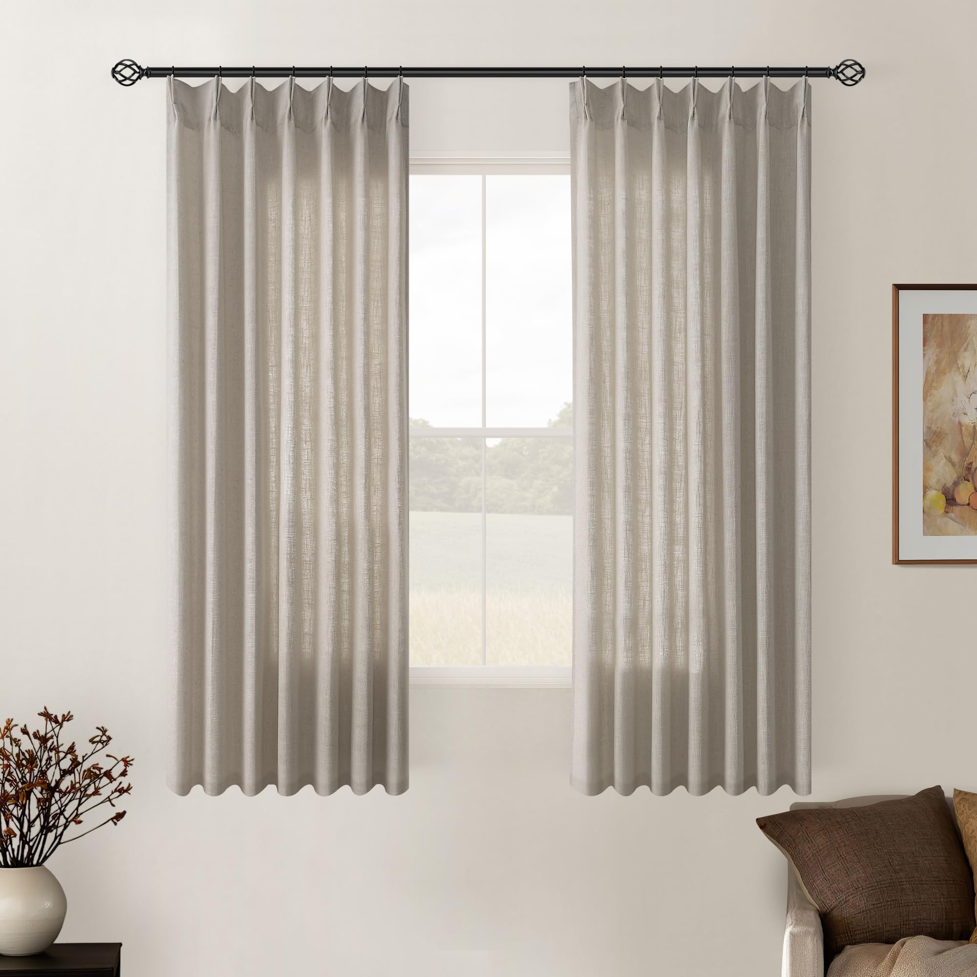 Natural Pinch Pleated Linen Curtains 84 Inch Length 2 Panels for Living Room Bedroom Textured Cream Ivory Birch Semi Sheer Boho Neutral Back Tab Pinch Pleat Hooks Rings Window Curtain 84 Inches Long