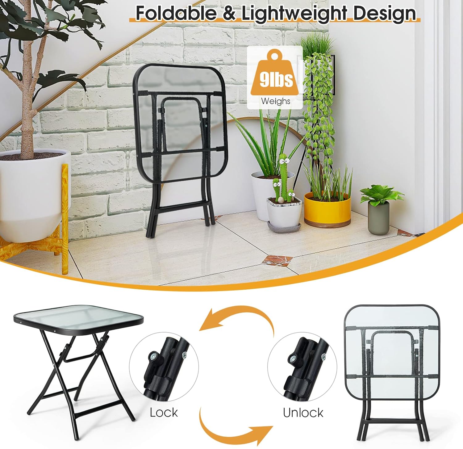 Giantex Folding Side Table, Square Small Patio Table, Tempered Glass Tabletop, Steel Frame, Weather-Resistant Outdoor Indoor Use for Bistro Porch Garden Balcony 18"x18"x18.5"