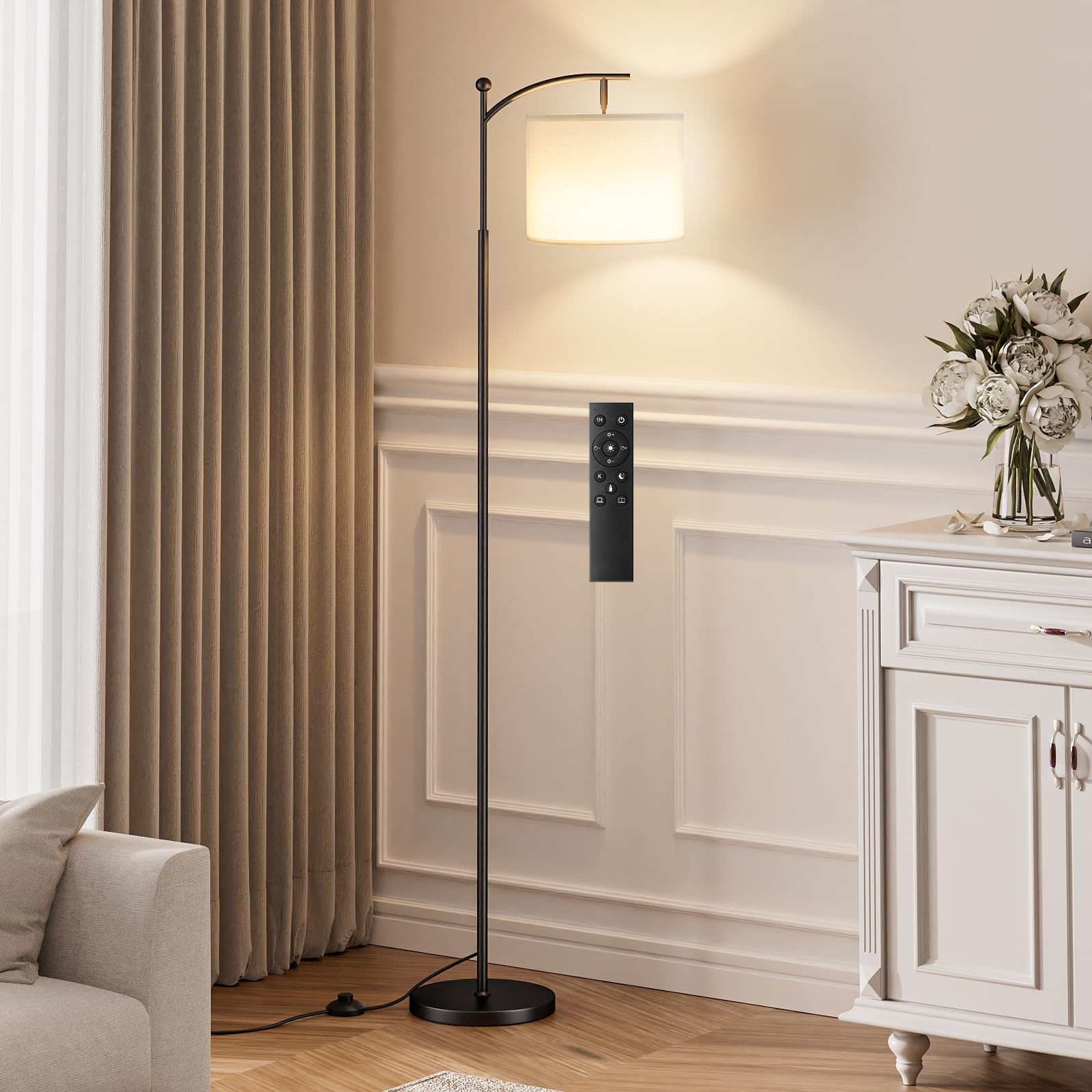 Ambimall 60" Floor Lamp with Remote Control and Stepless Dimmable Bulb, Colors Temperature & Brightness Adjustable, Modern Floor Lamps for Living Room（Beige Shade & Black Pole）