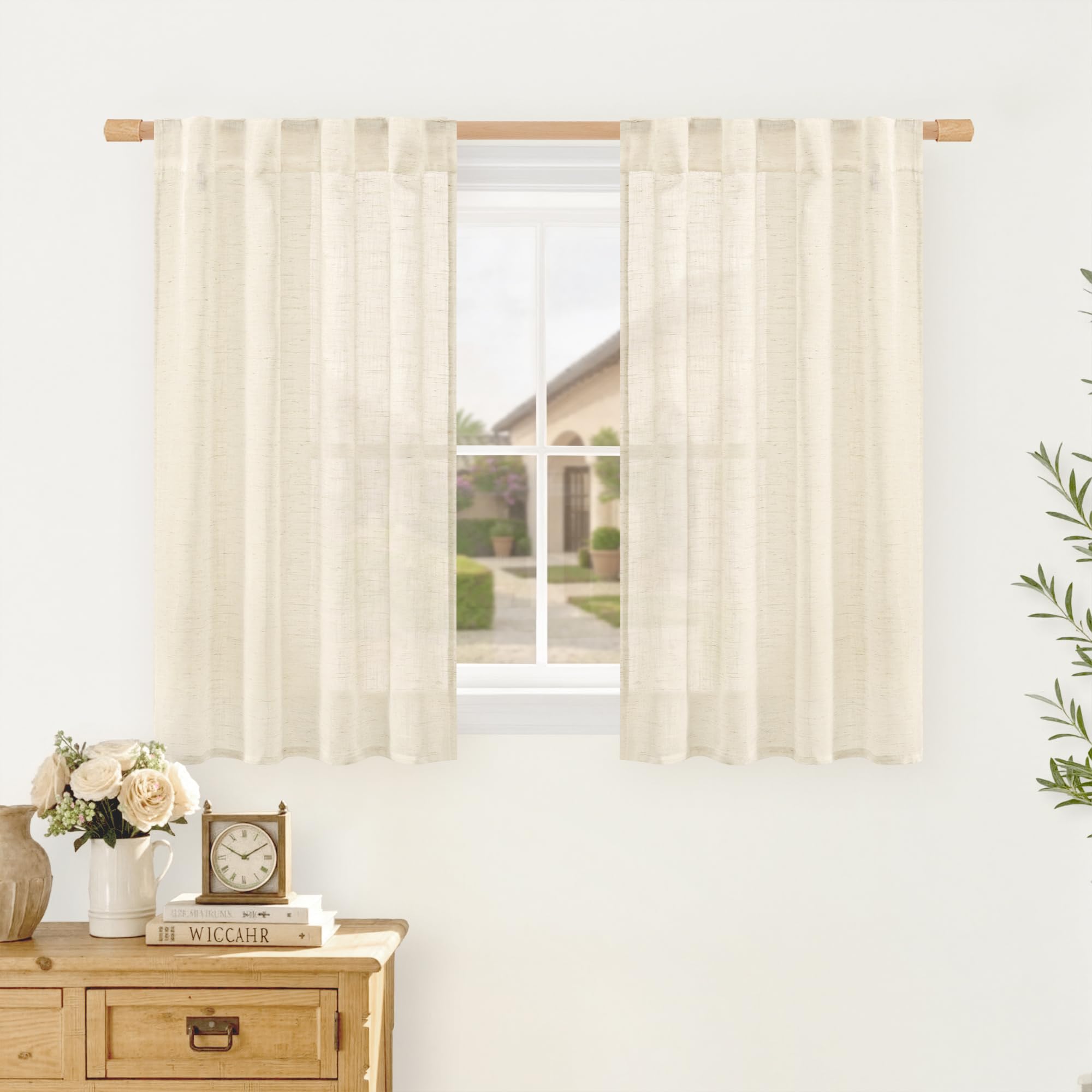 LAMIT Natural Linen Sheer Curtains 90 Inches Long 2 Panels, Long Light Filtering Window Treatments Back Tab and Rod Pocket Farmhouse Boho Panels for Living Room/Bedroom/Dining Room, 52 x 90 Inch