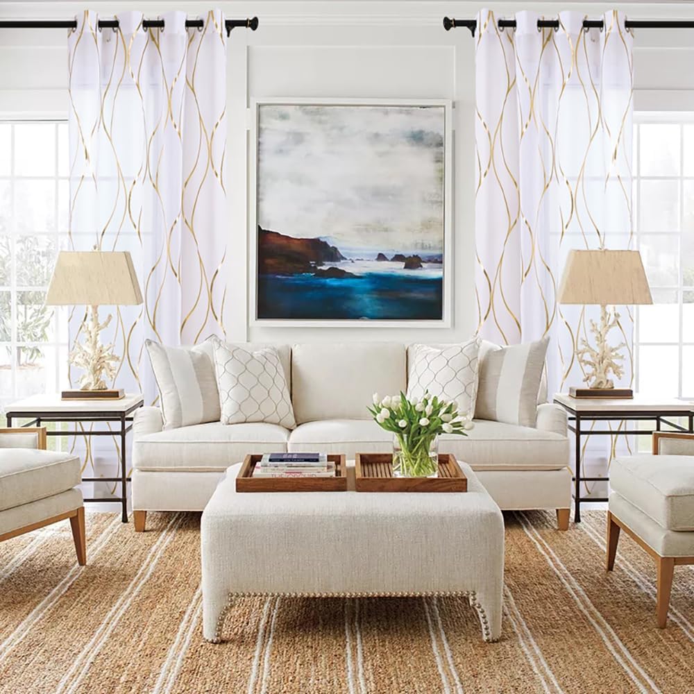 L.Z.E Gold White Sheer Curtains 108 Inches Long 2 Panels Set for Living Room Bedroom See Through Sheer Curtains Grommet Top Transparent Sheers with Wave Pattern Extra Long
