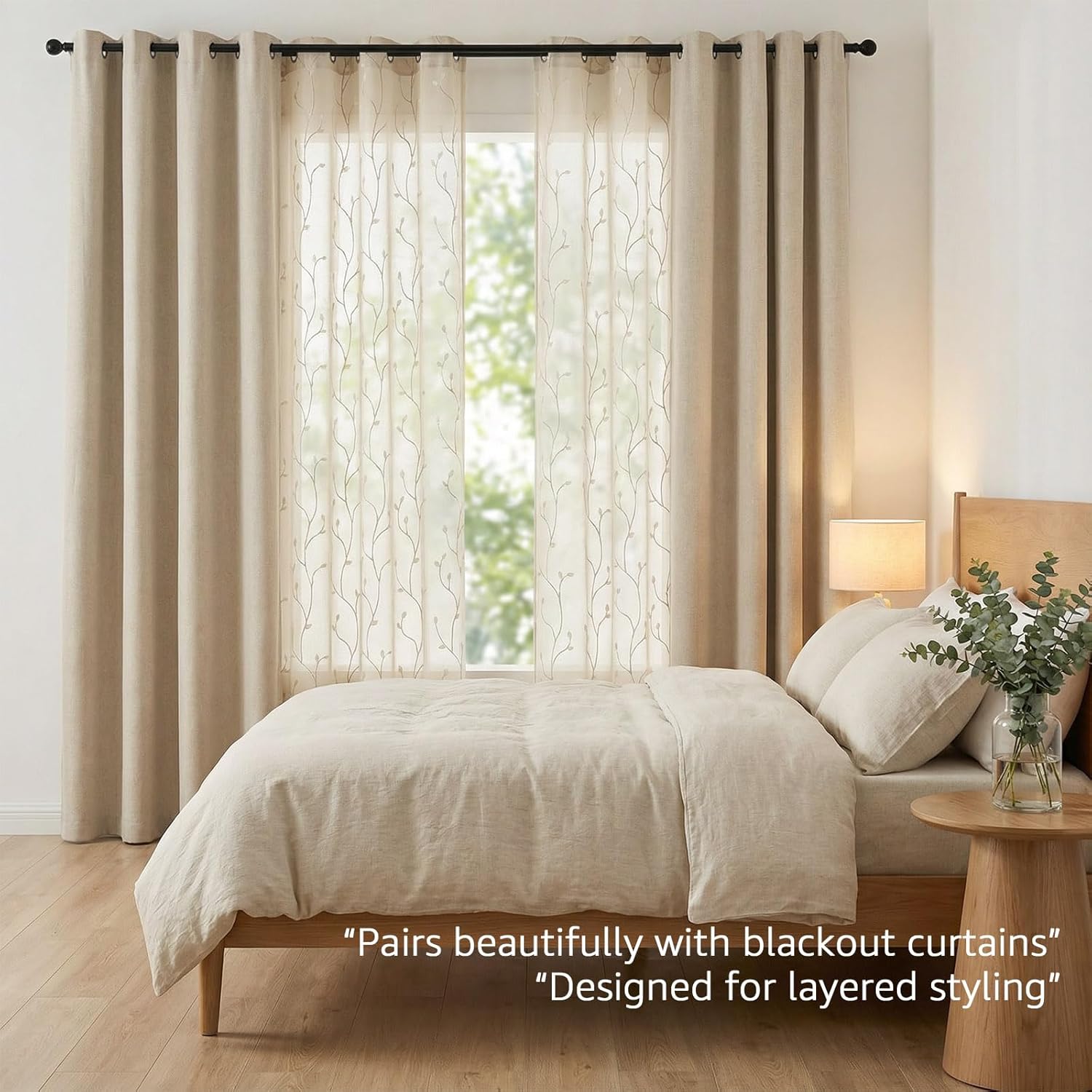 jinchan Sheer Curtains for Bedroom 84 Inch Length Leaf Embroidered Semi Sheers for Living Room Botanical Embroidery Voile Transparent Grommet Window Treatments Taupe 2 Panels
