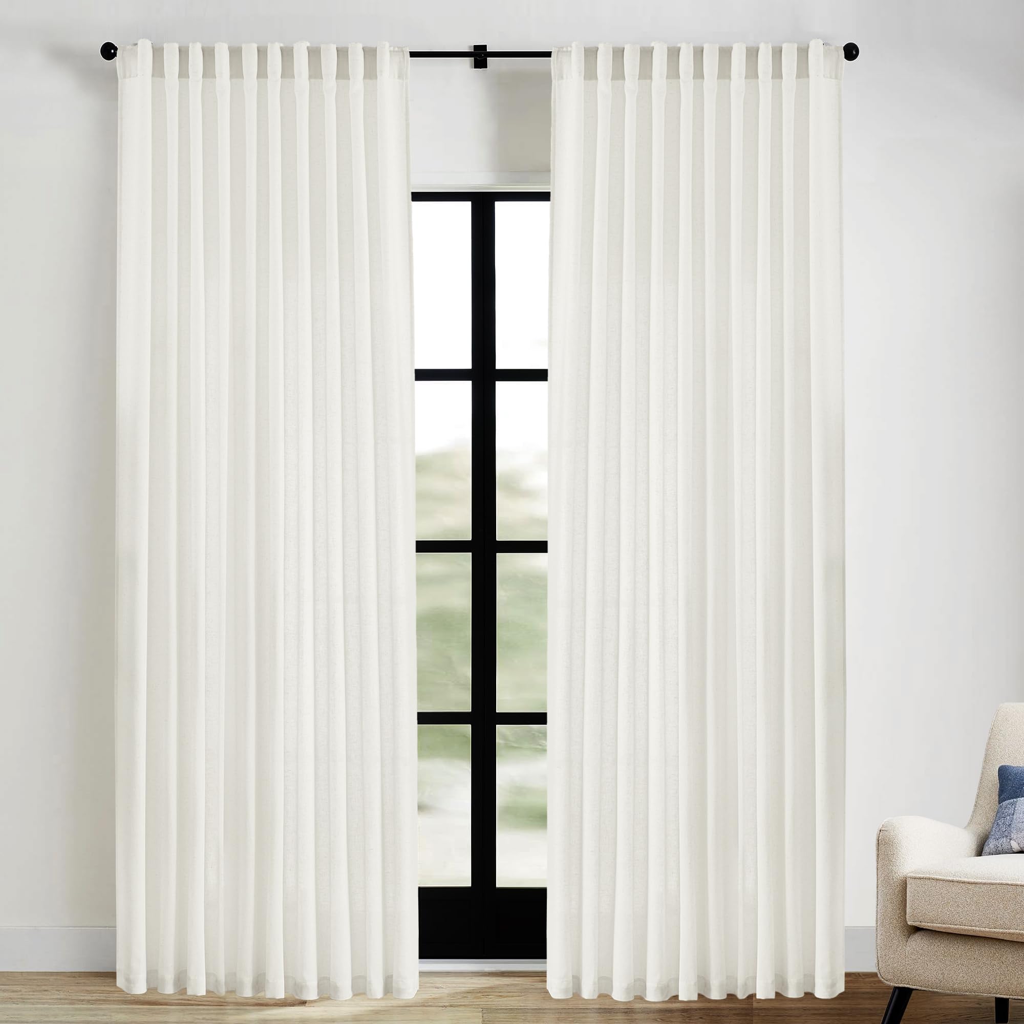 XTMYI 90 Inches Long Sheer Linen Curtains 2 Panels Set,Hook Tape Back Tab Semi Sheer Cotton Blend Fabric Modern Cottage Core Cottagecore Curtain Drapes for Living Room Bedroom,50x90 in Length