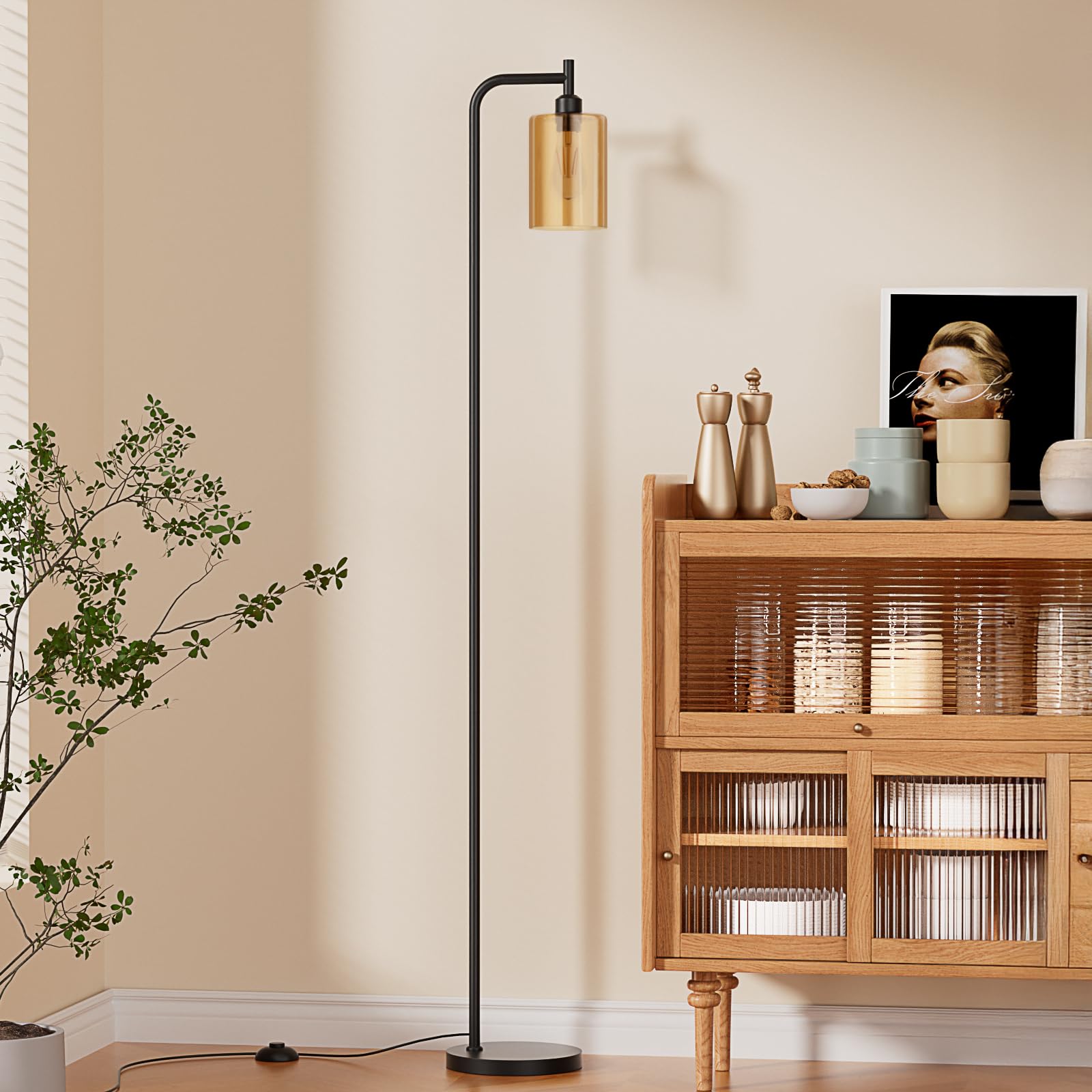 Ziisee Industrial Floor Lamp with Glass Shade - Black, LED Bulbs, Foot Pedal Switch, Easy Assembly