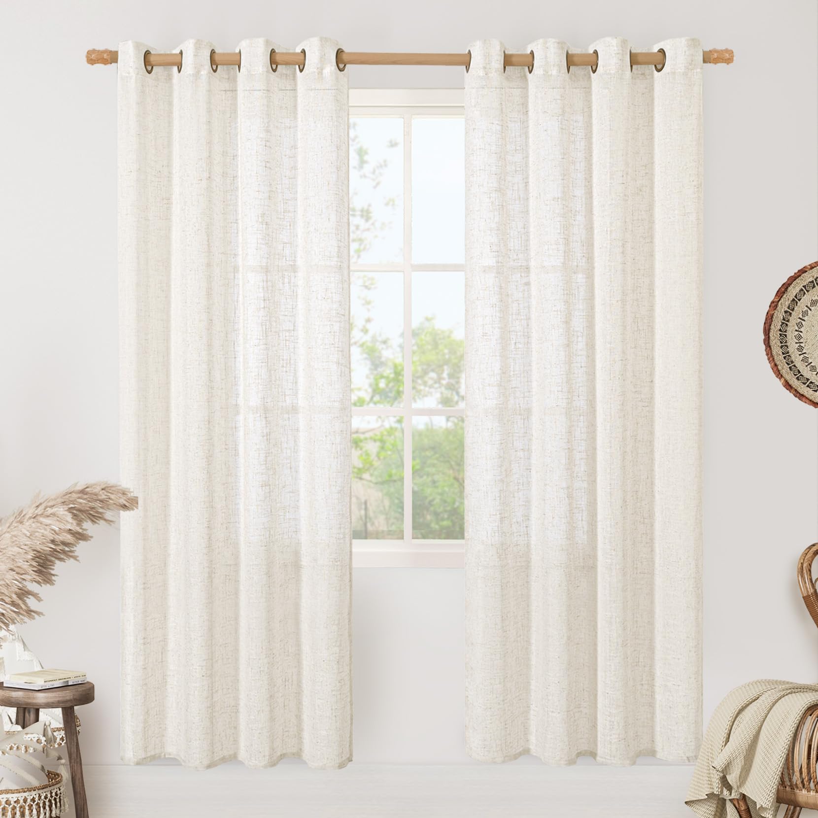 LAMIT Natural Cream Ivory Long Linen Curtains for Living Room, 108 inches Long Bronze Grommet Light Filtering Window Textured Neutral Sheer Drapes for Bedroom Farmhouse, 2 Panels, 52 x 108 Inch