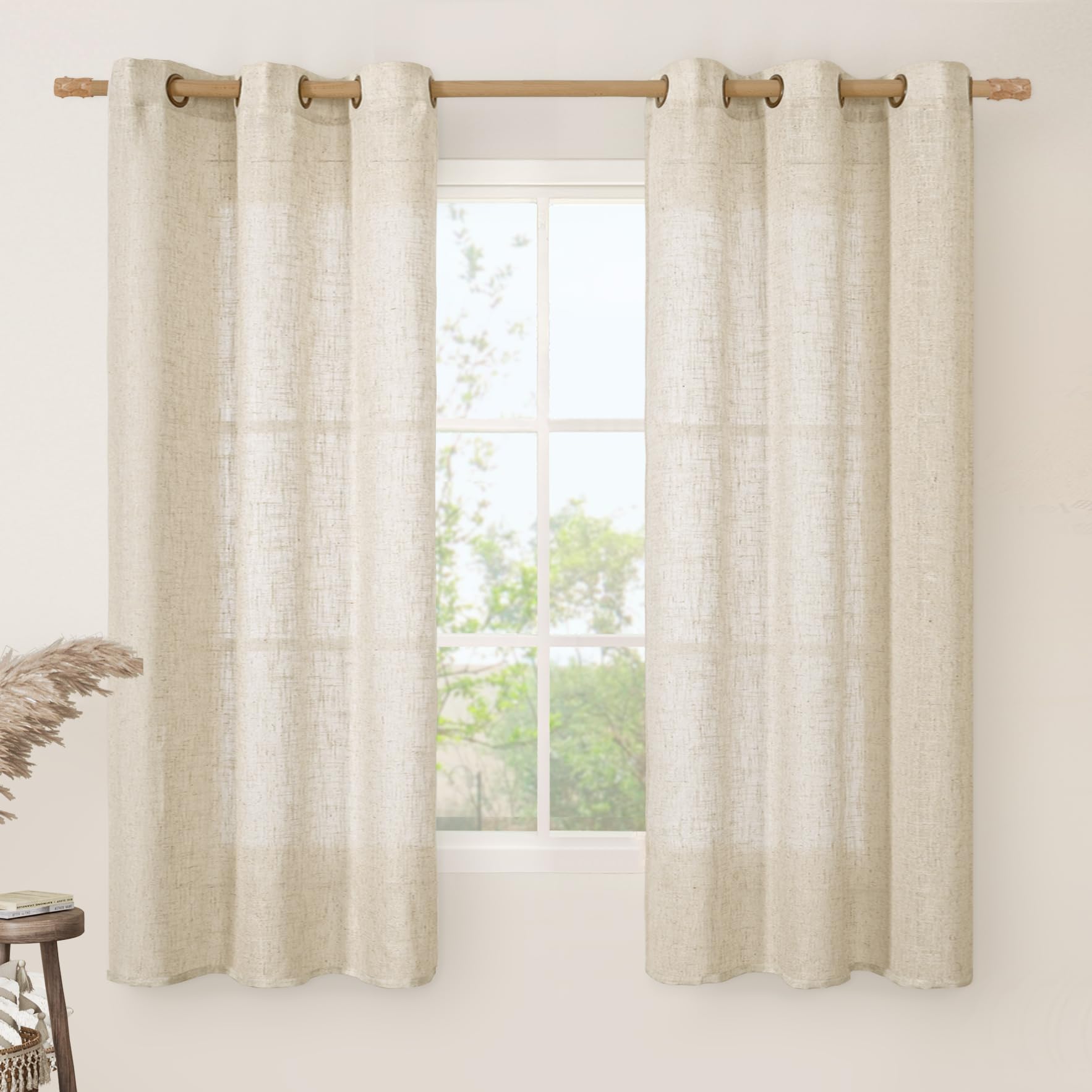 LAMIT Natural Cream Ivory Long Linen Curtains for Living Room, 108 inches Long Bronze Grommet Light Filtering Window Textured Neutral Sheer Drapes for Bedroom Farmhouse, 2 Panels, 52 x 108 Inch