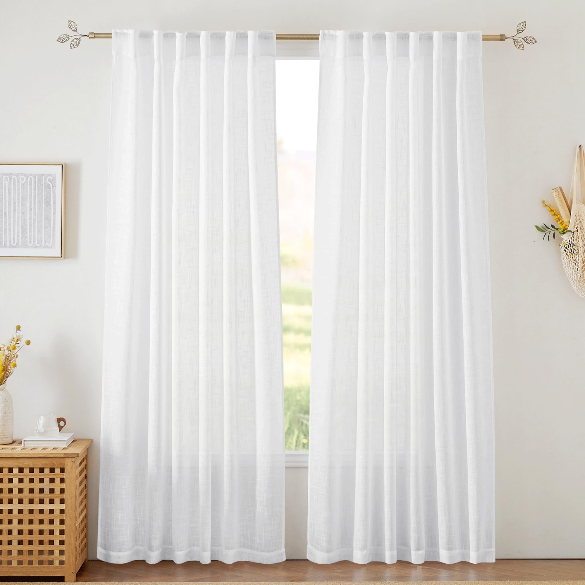 RYB HOME Semi Sheer Curtains 102 inches Long, Back Tab Light Filtration Half Privacy Window Curtains & Drapes for Bedroom Living Room, Linen, W 52 x L 102 inches, 2 Panels Set