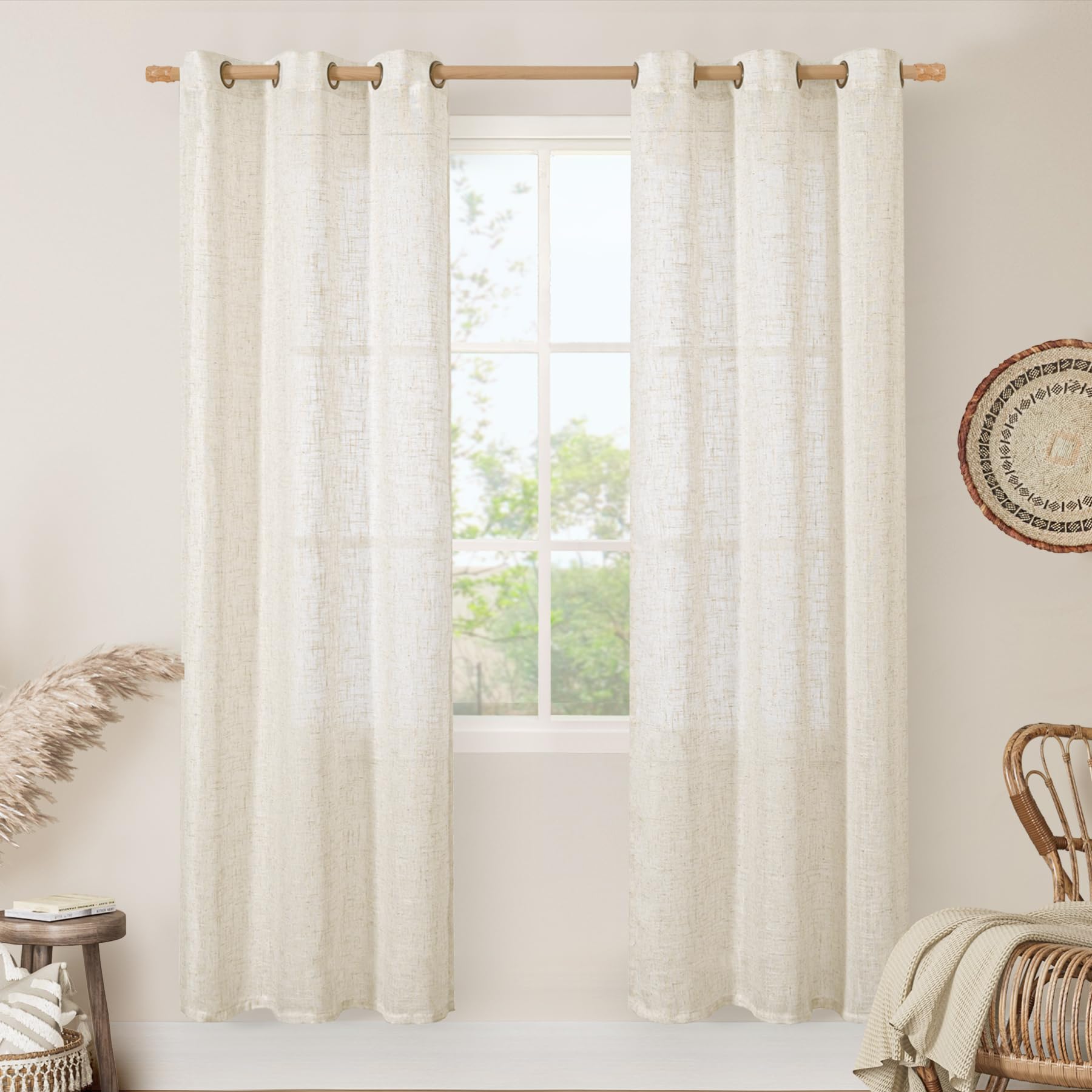 LAMIT Natural Cream Ivory Long Linen Curtains for Living Room, 108 inches Long Bronze Grommet Light Filtering Window Textured Neutral Sheer Drapes for Bedroom Farmhouse, 2 Panels, 52 x 108 Inch