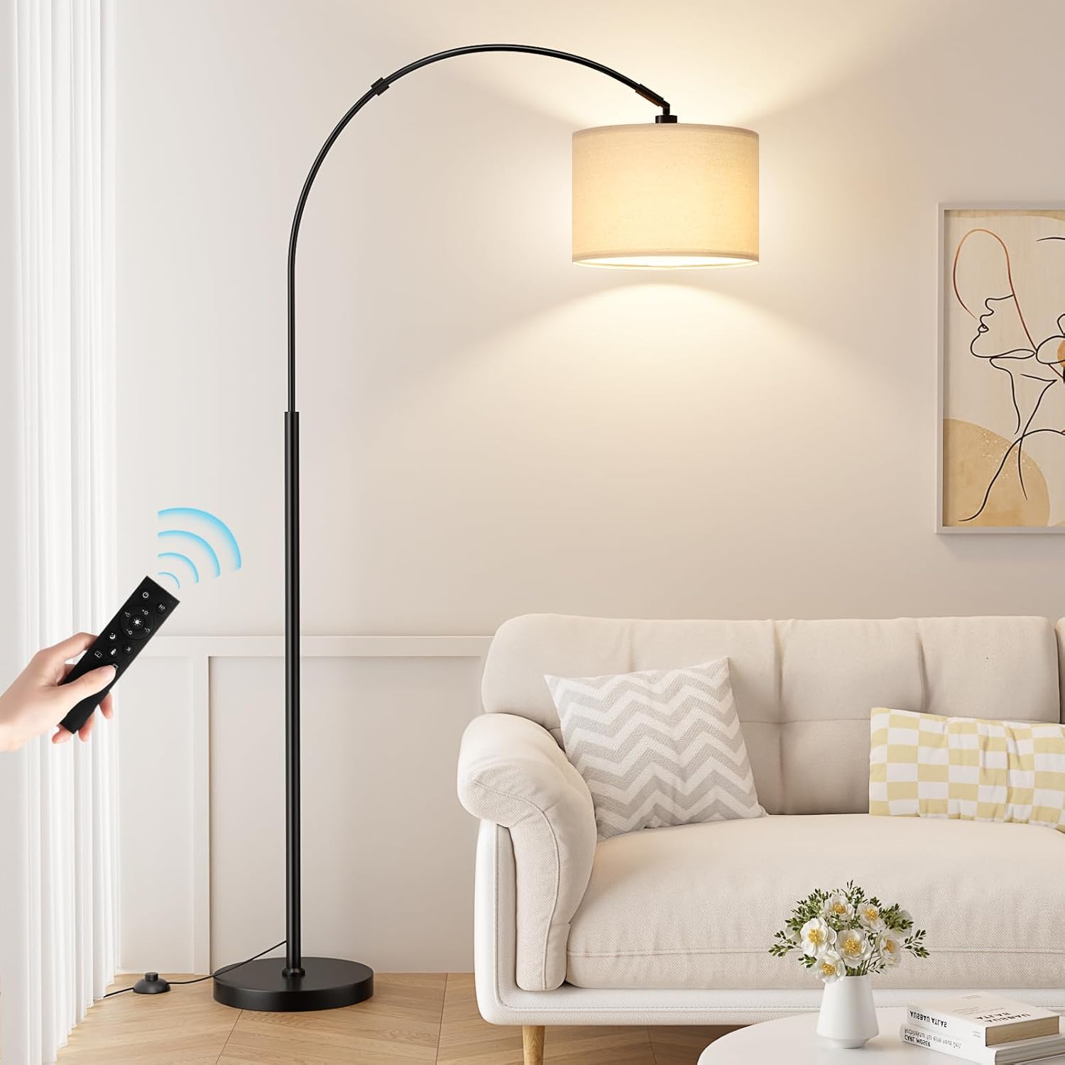 Ambimall 70 Dimmable Arc Floor Lamp with Remote, Color Temperatures and Brightness Adjustable, Arched Floor Lamp with Rotating Head, Over Couch Arched Light for Living Room (Deep Beige and Black)