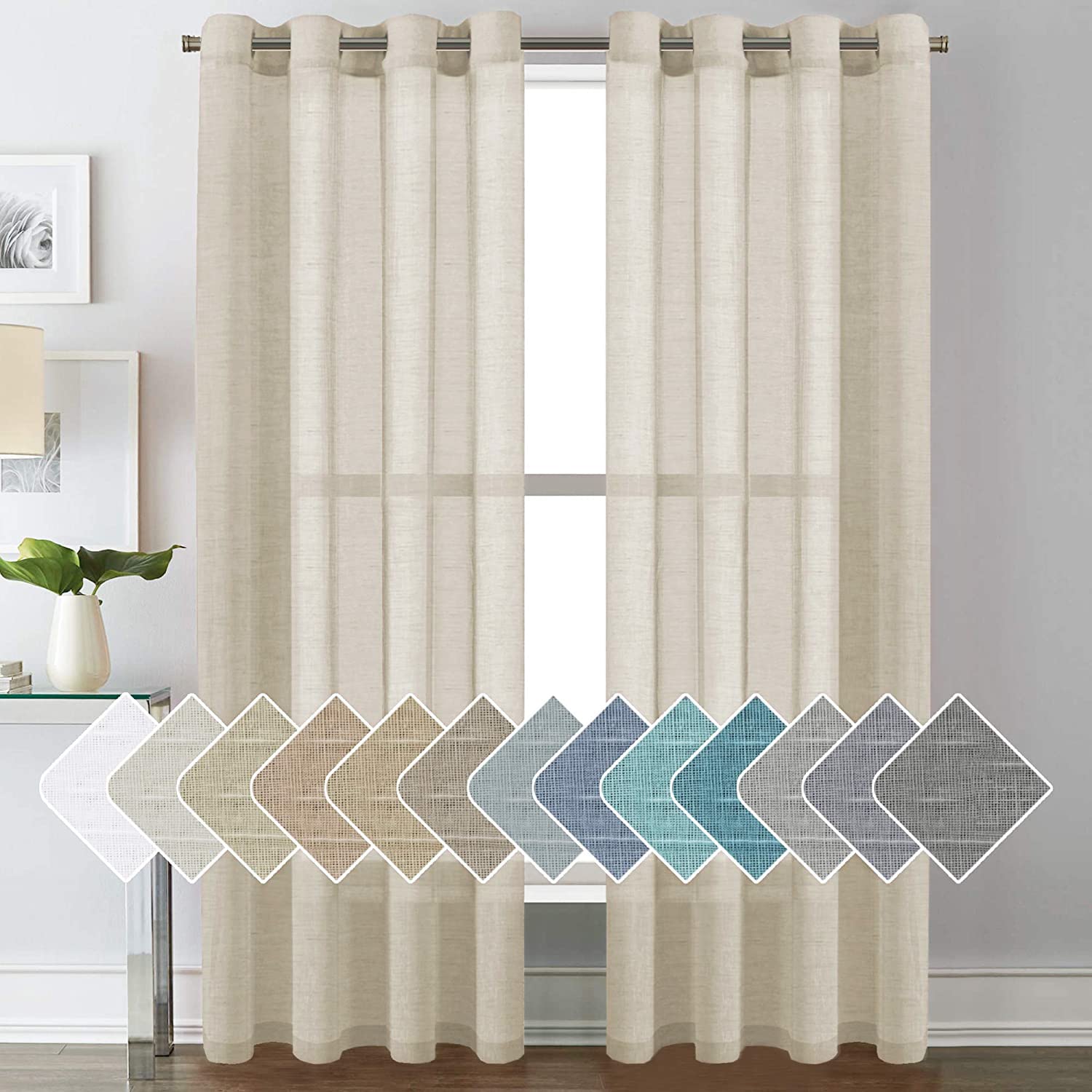 H.VERSAILTEX Linen Curtains Natural Linen Semi-Sheer Curtains 2 Panels Nickel Grommet Privacy Added Premium Soft Rich Material Drapes for Bedroom/Livingroom - 52x108 - Inch - Linen