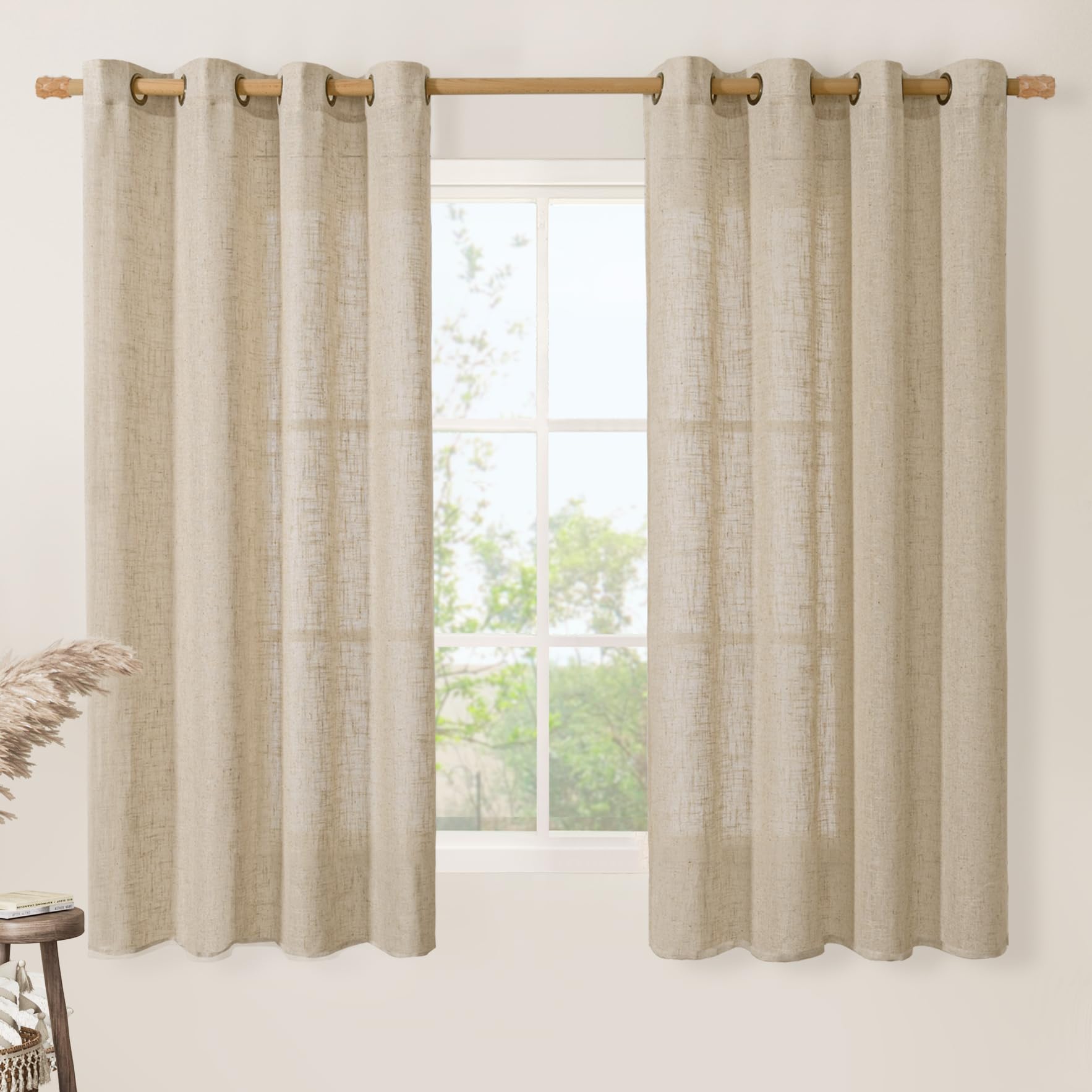 LAMIT Natural Cream Ivory Long Linen Curtains for Living Room, 108 inches Long Bronze Grommet Light Filtering Window Textured Neutral Sheer Drapes for Bedroom Farmhouse, 2 Panels, 52 x 108 Inch