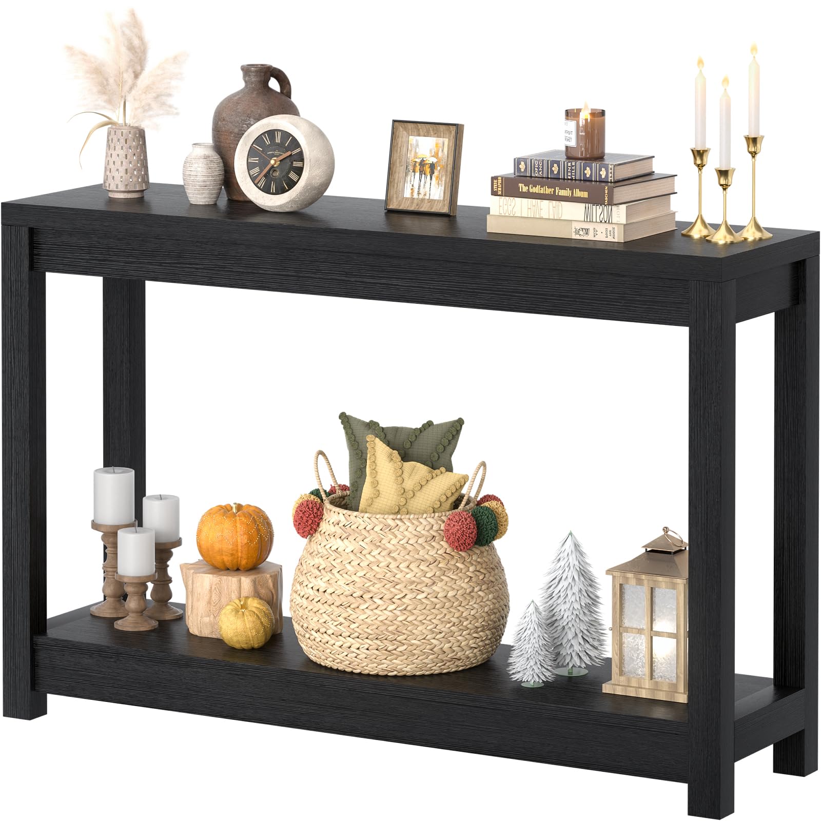 Besiost 32" Black Grain Wood Narrow Entryway Table with Shelf Storage & Simple Assembly